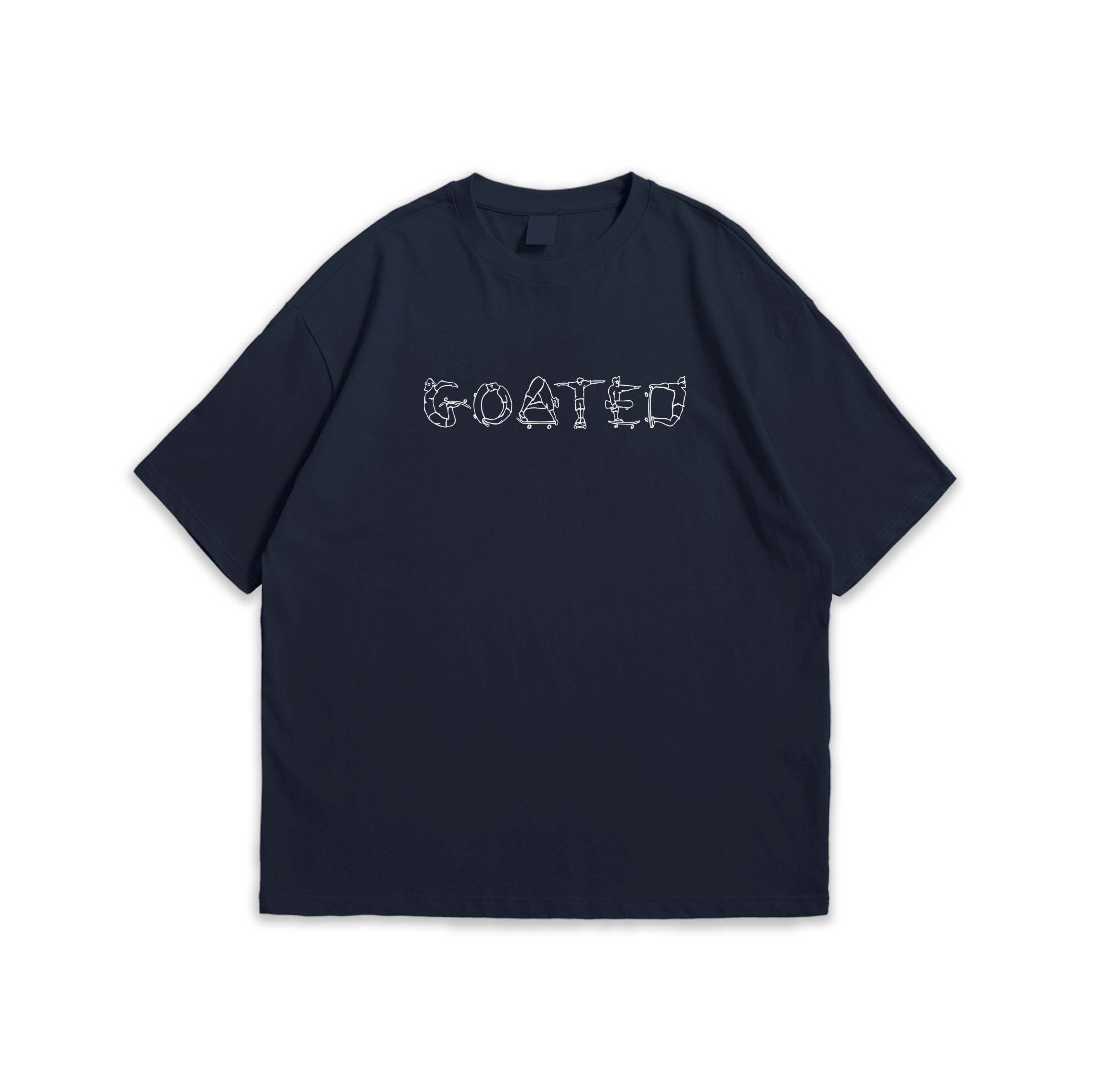 Black t-shirt with white GOATED text on a white background