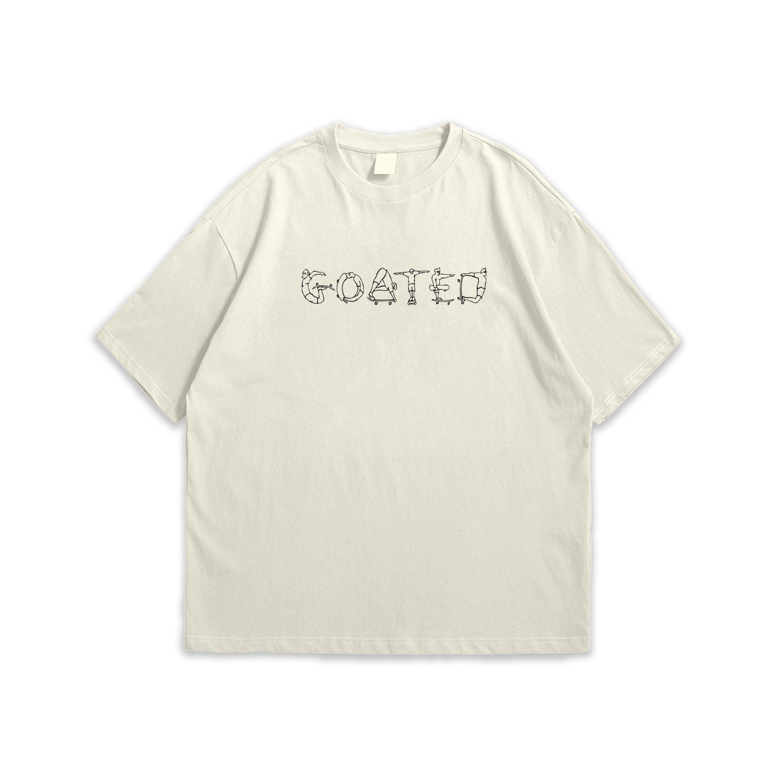 Beige t-shirt with text on a white background
