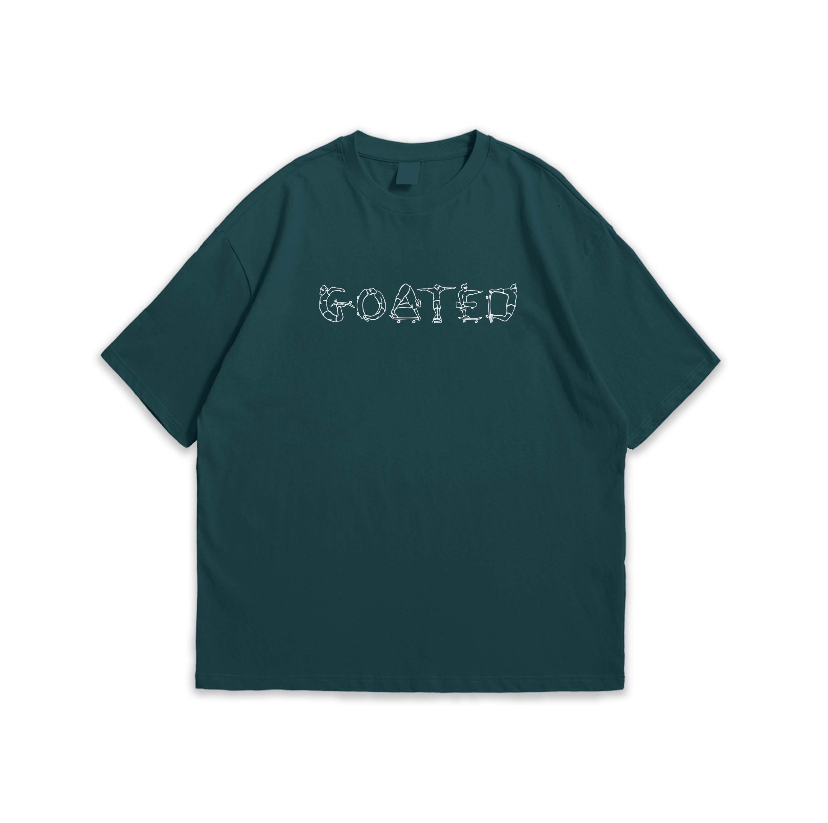 Petrol Blue t-shirt with white text on a white background