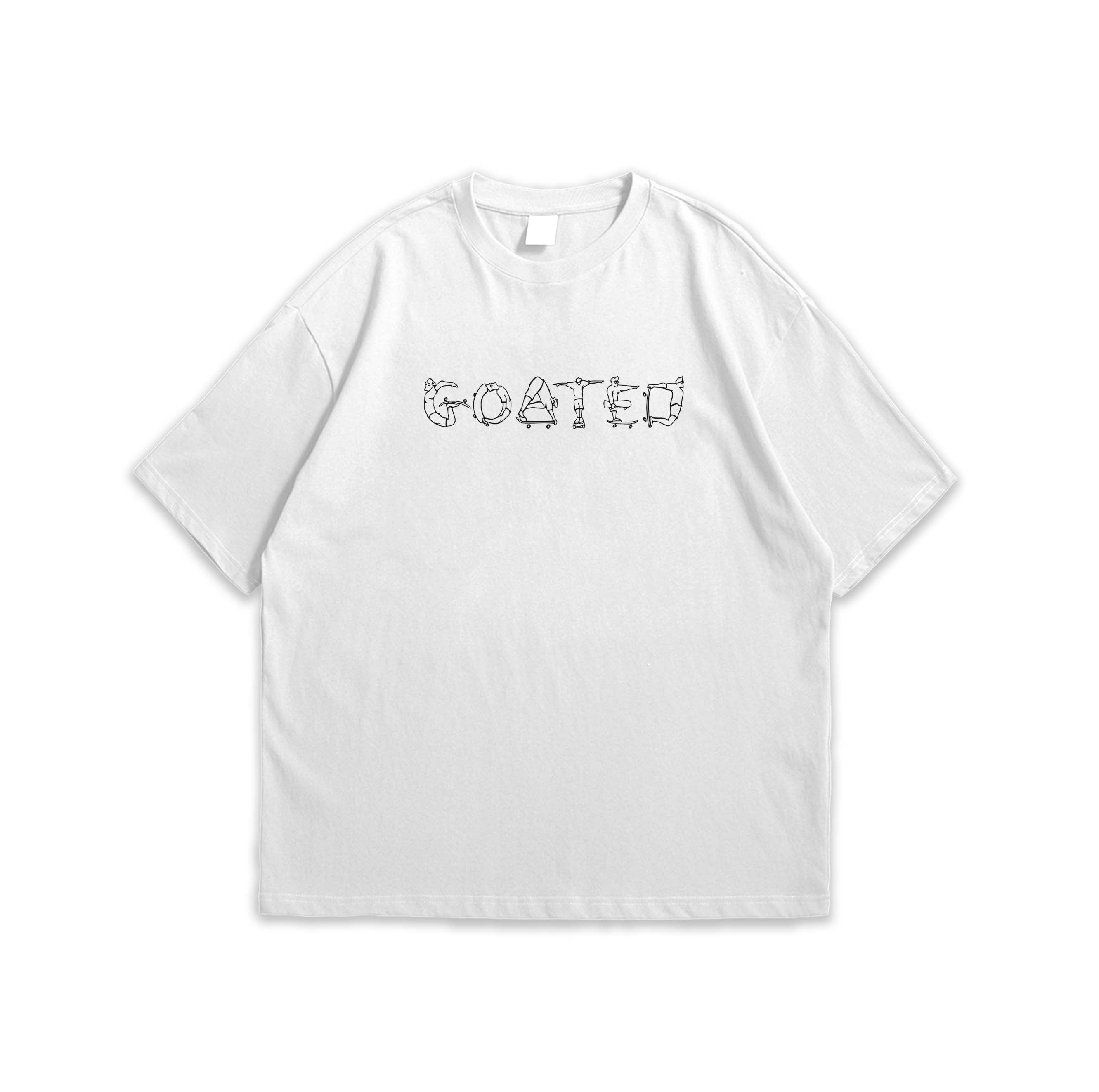 White t-shirt with black GOATED text on a white background
