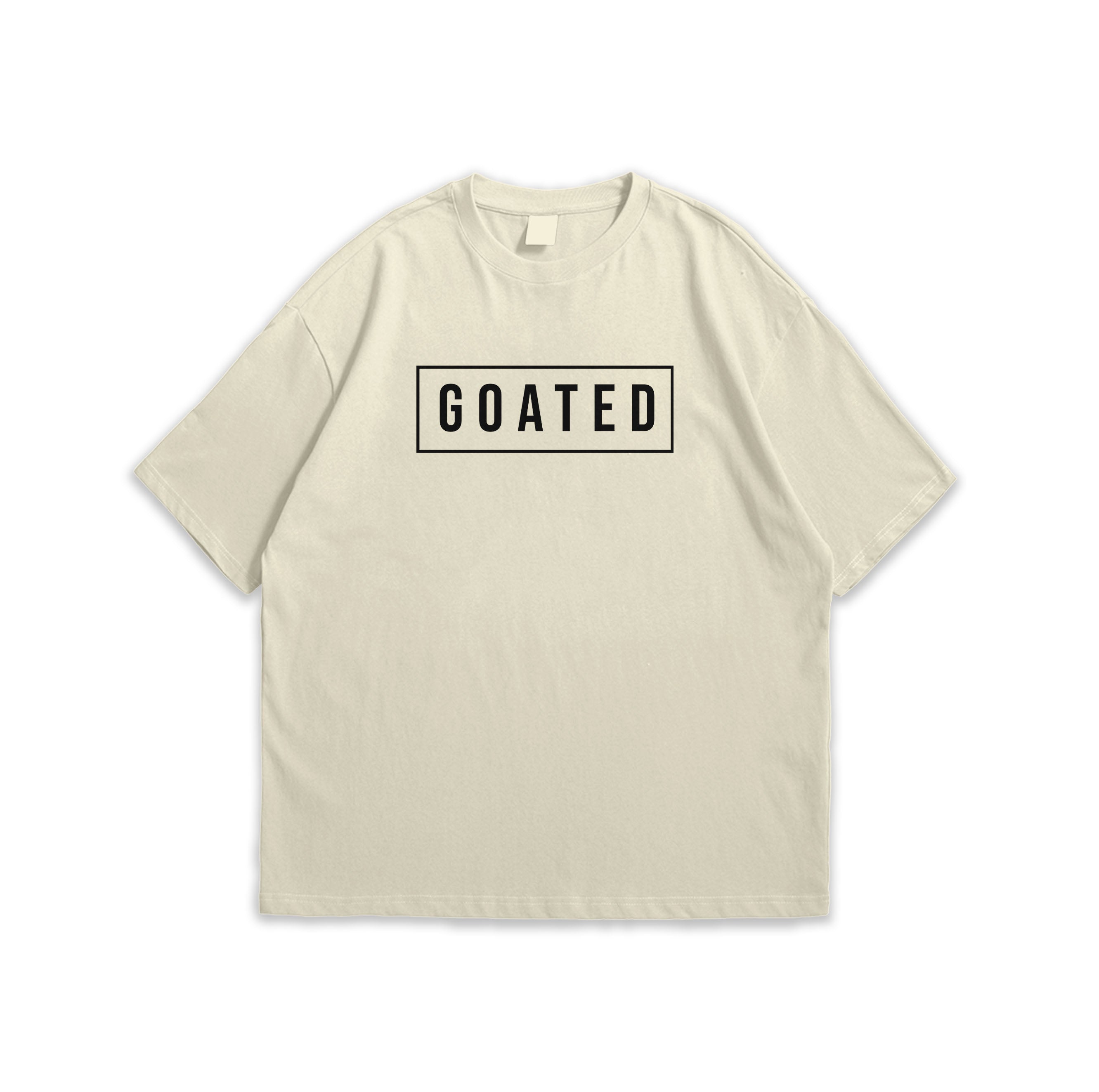 Beige t-shirt with 'GOATED' logo on a white background