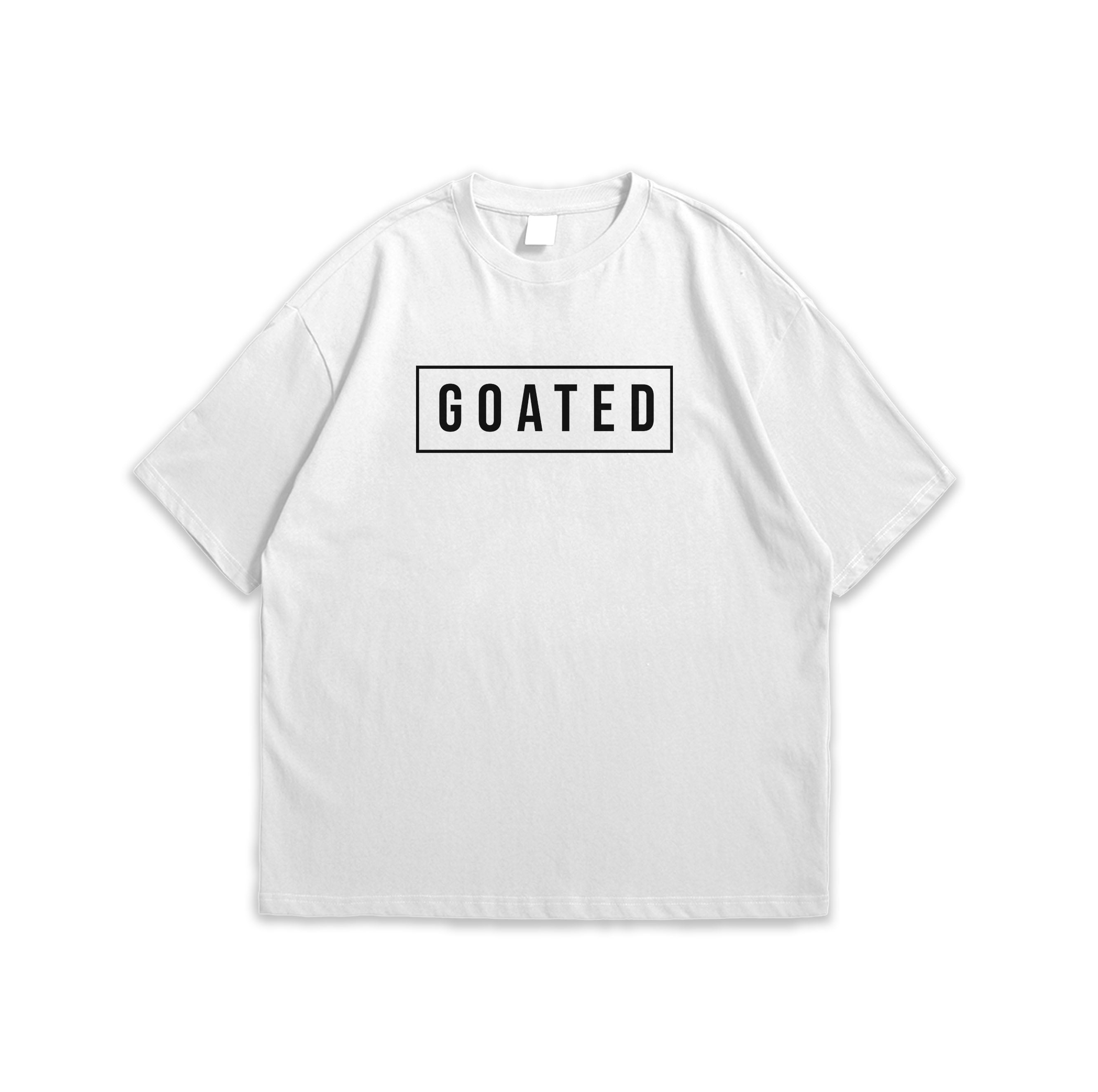 White t-shirt with 'GOATED' logo on a white background