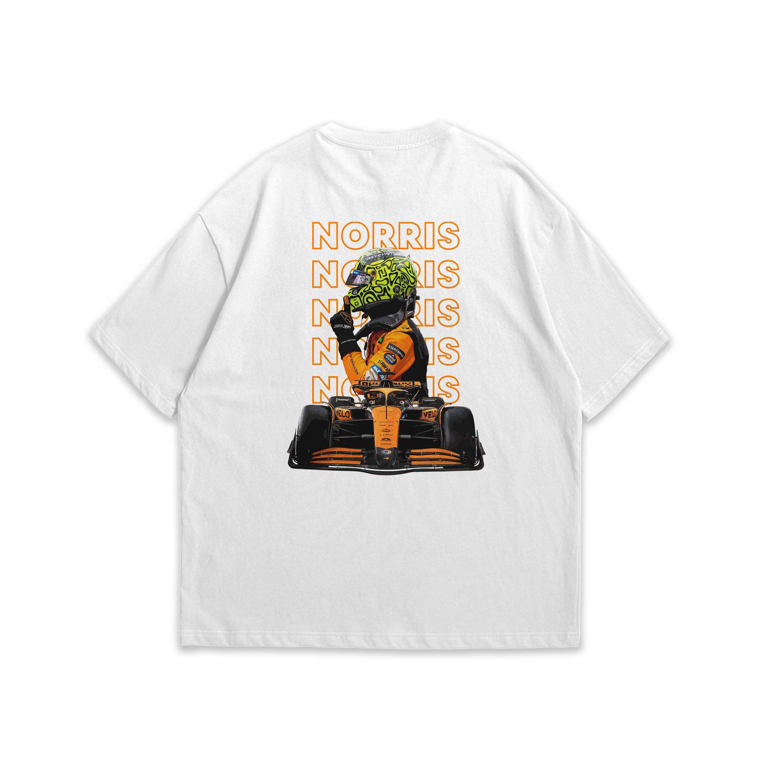 White t-shirt with Lando Norris graphic and 'Norris' text on a white background