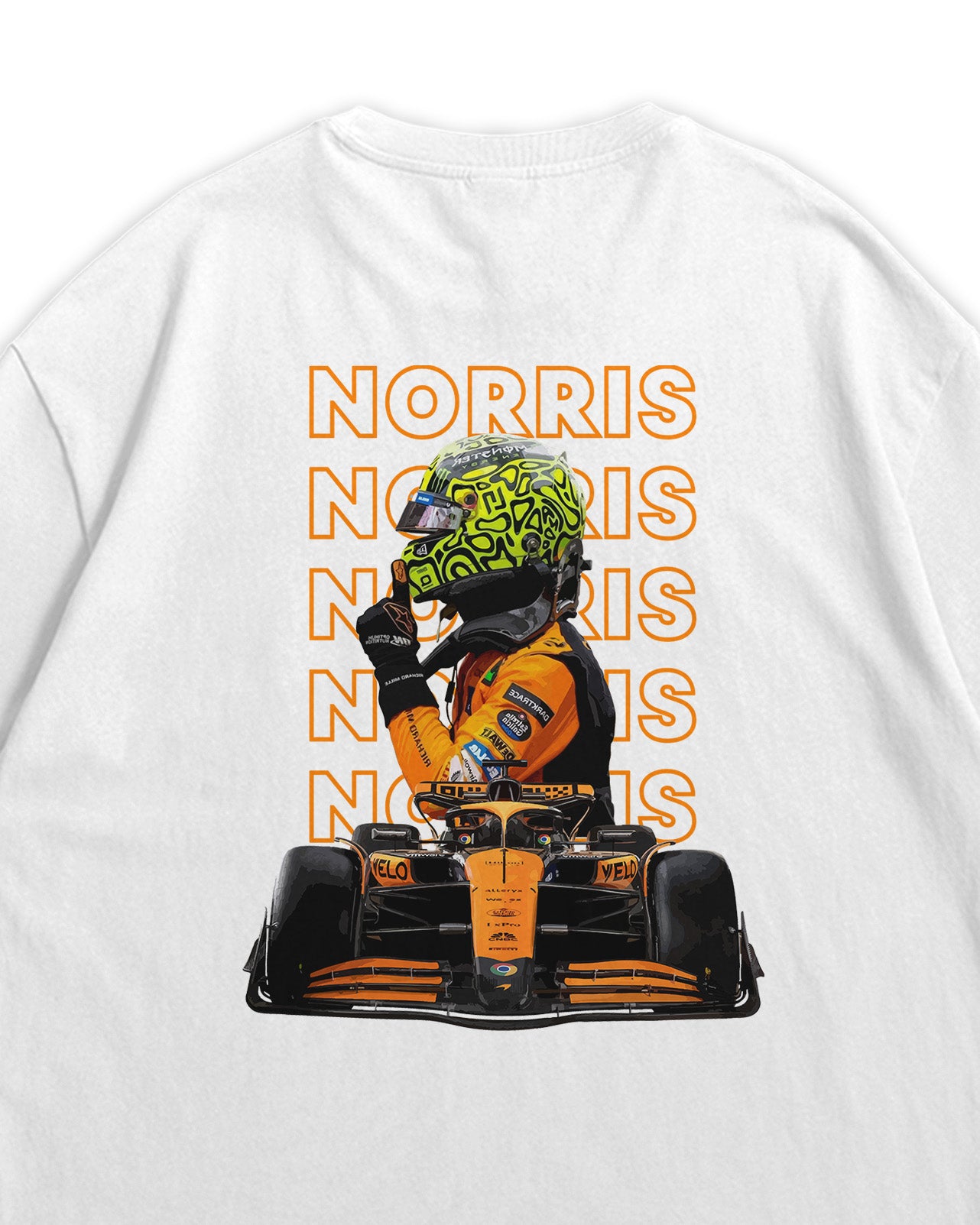 White t-shirt with Lando Norris graphic and 'Norris' text on a white background