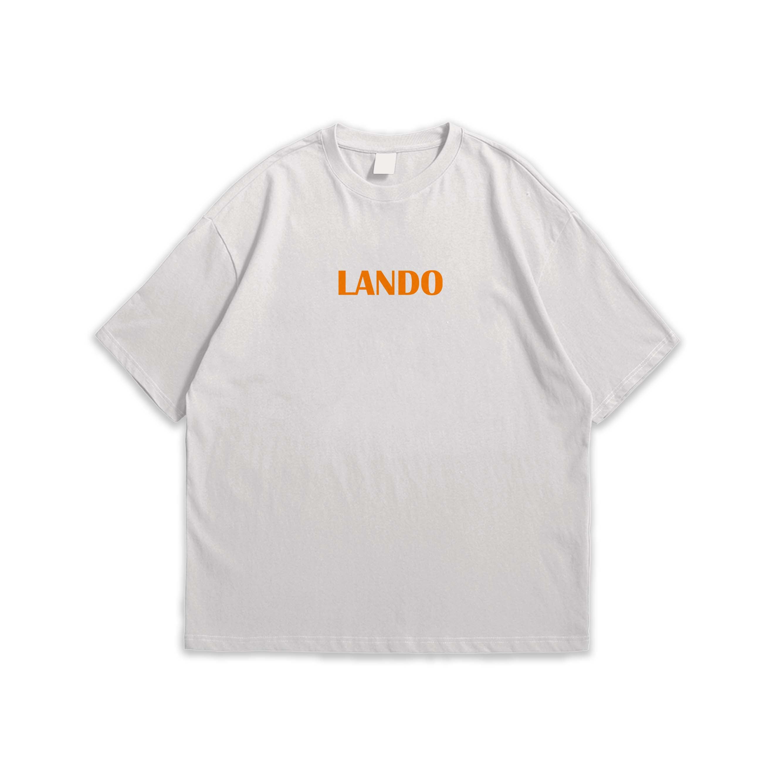 White t-shirt with 'LANDO' printed in orange on a white background