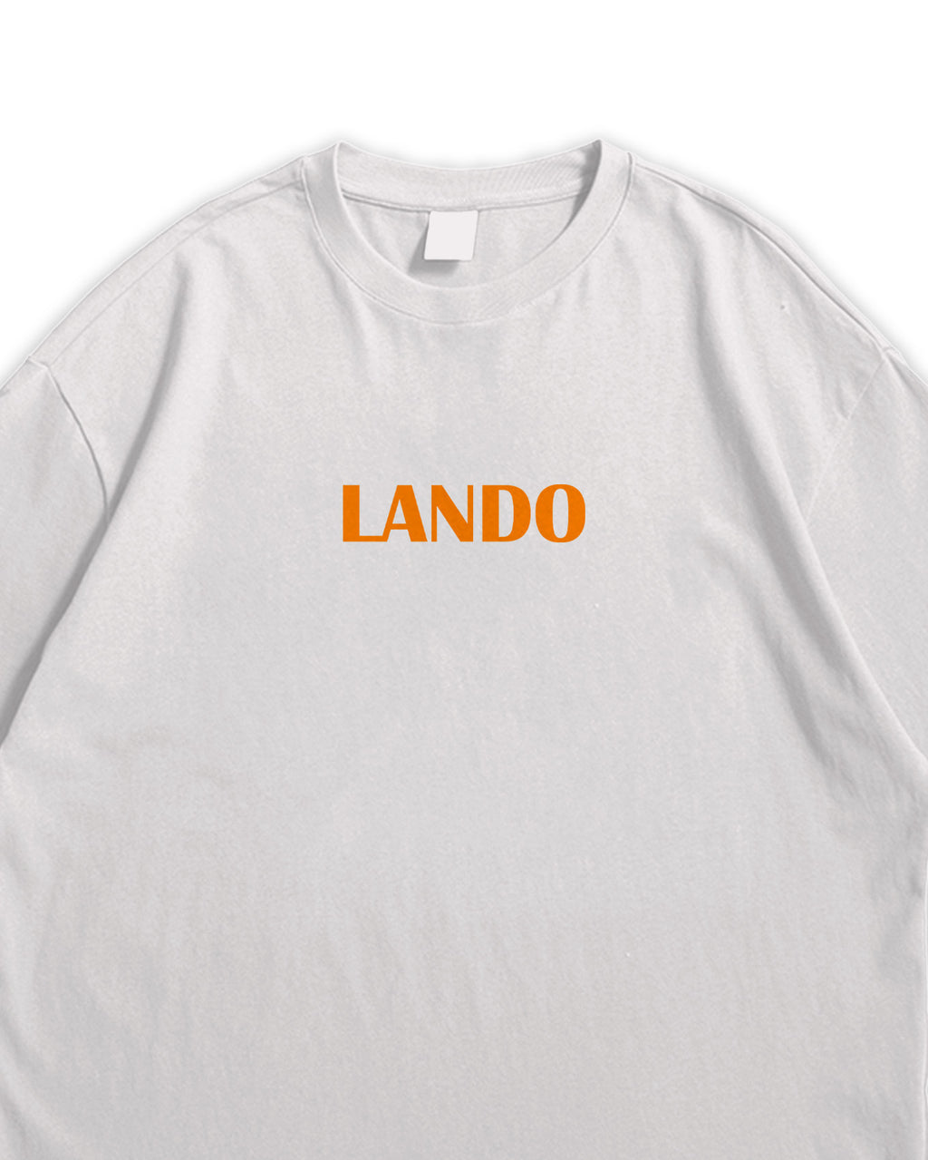 White t-shirt with 'LANDO' printed in orange on a white background