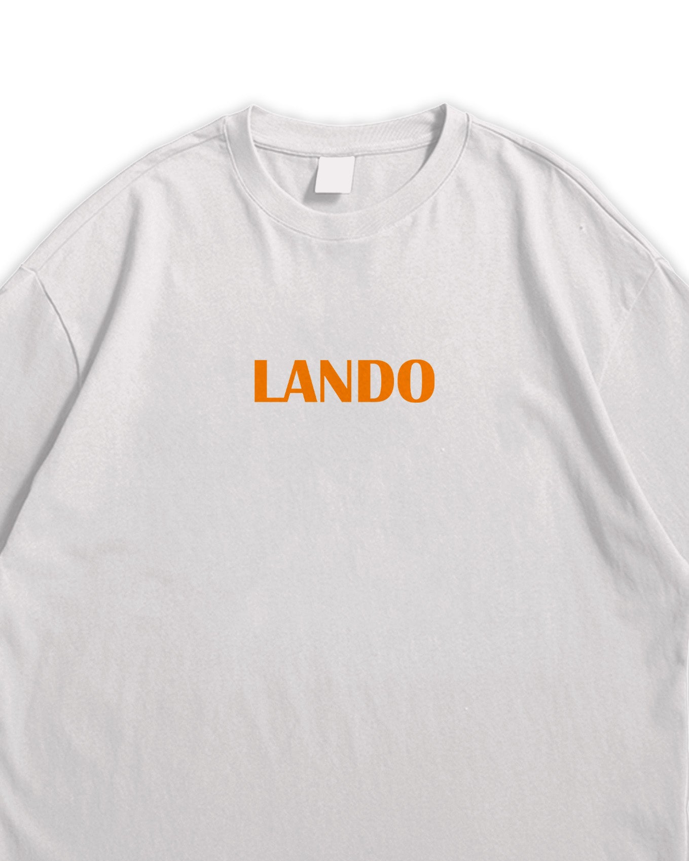 White t-shirt with 'LANDO' printed in orange on a white background