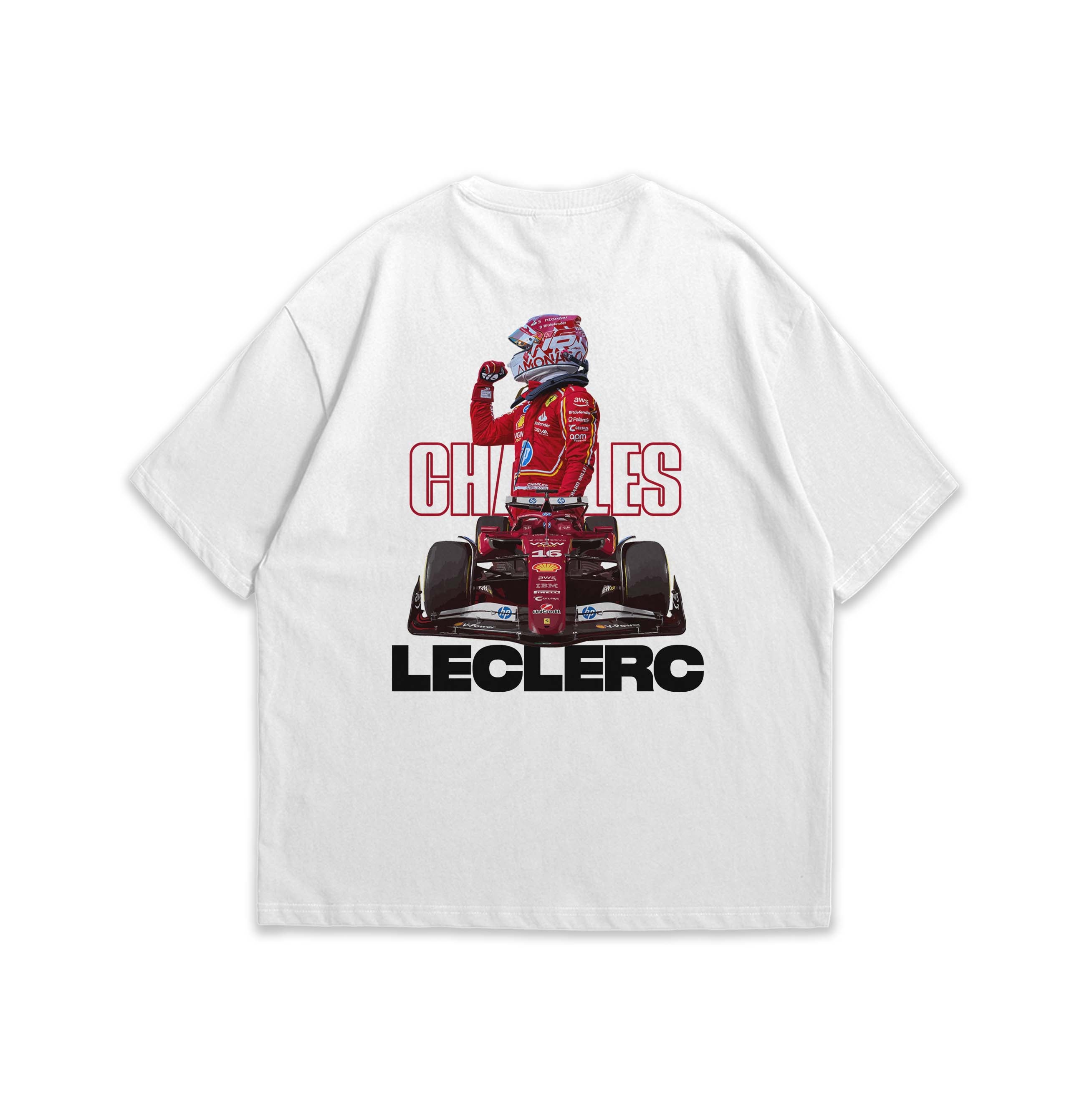 White t-shirt with Charles Leclerc and 'Charles Leclerc' text on a white background