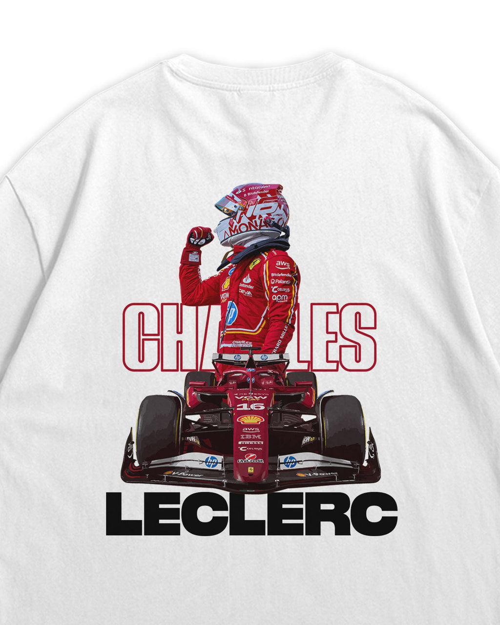 White t-shirt with Charles Leclerc and 'Charles Leclerc' text on a white background