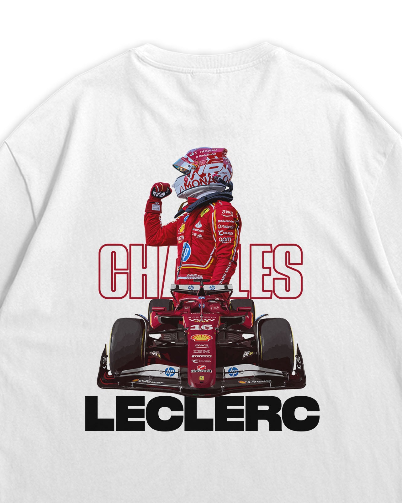 White t-shirt with Charles Leclerc and 'Charles Leclerc' text on a white background