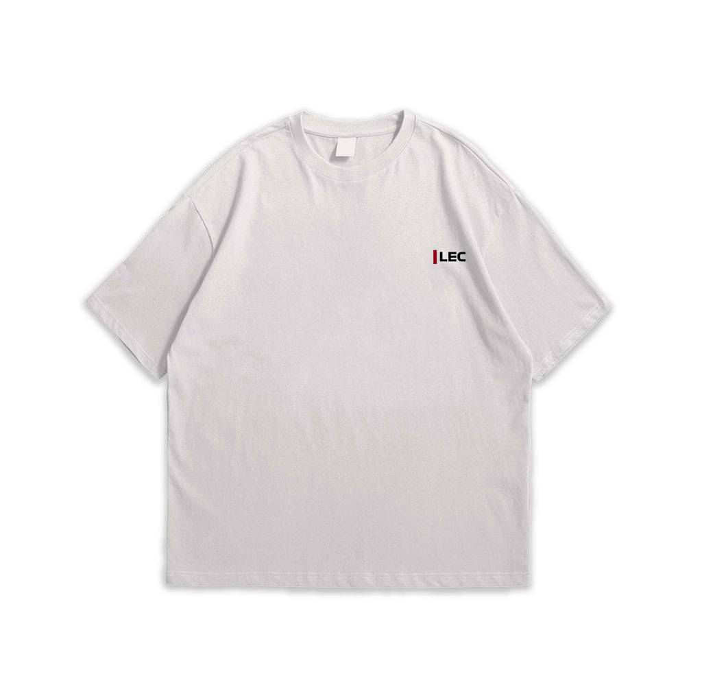 White t-shirt with 'LEC' text on the pocket area against a white background