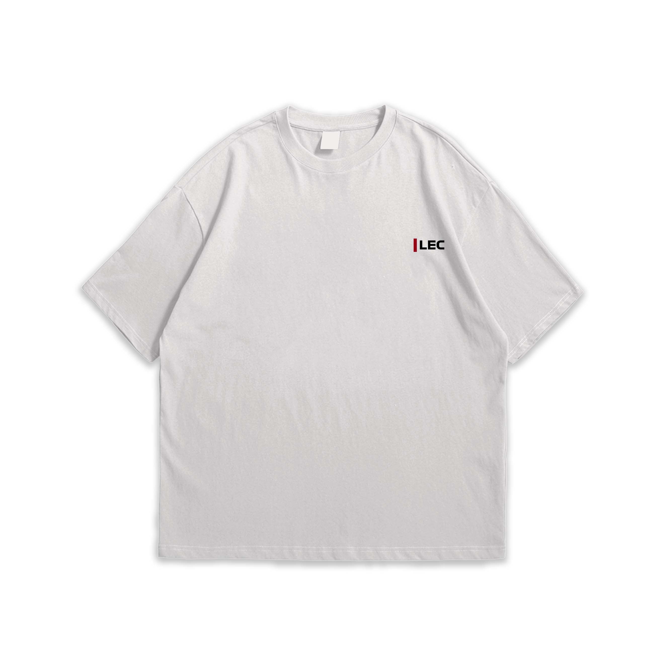 White t-shirt with 'LEC' text on the pocket area against a white background