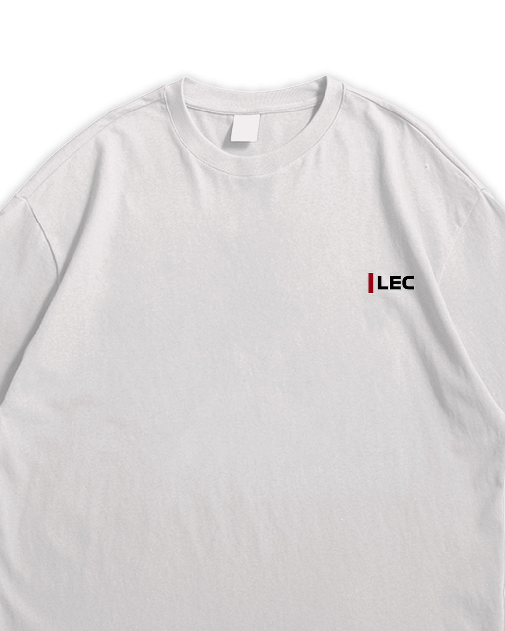 White t-shirt with 'LEC' text on the pocket area against a white background