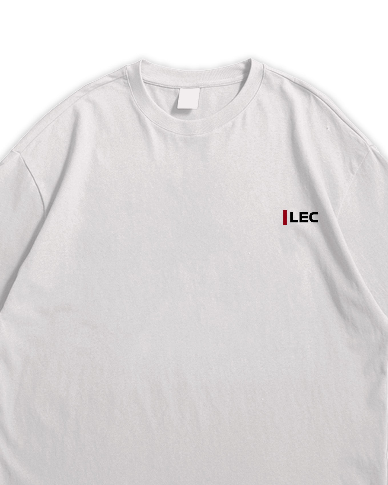 White t-shirt with 'LEC' text on the pocket area against a white background