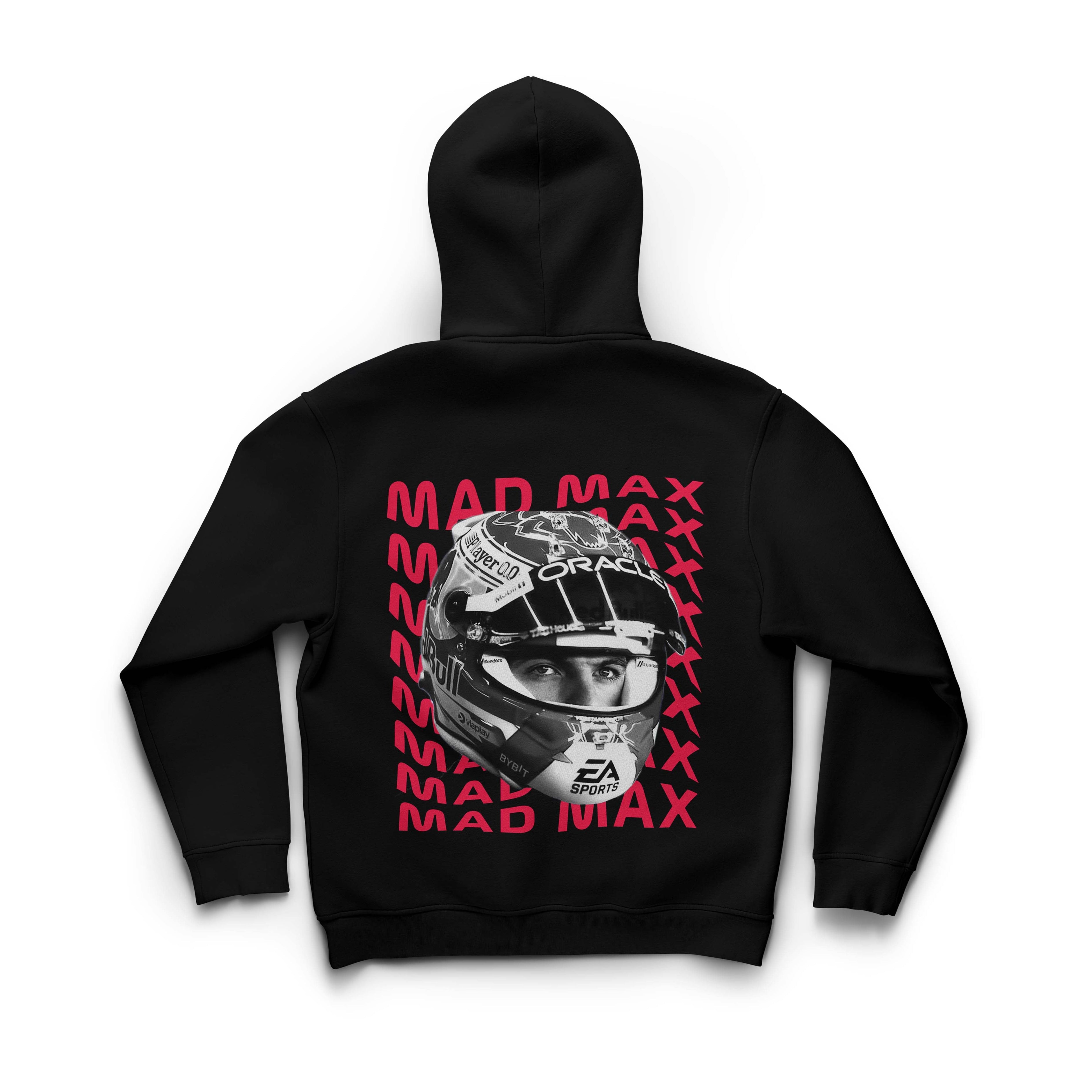 Black hoodie with a helmet graphic and 'Mad Max' text on the back, on a white background