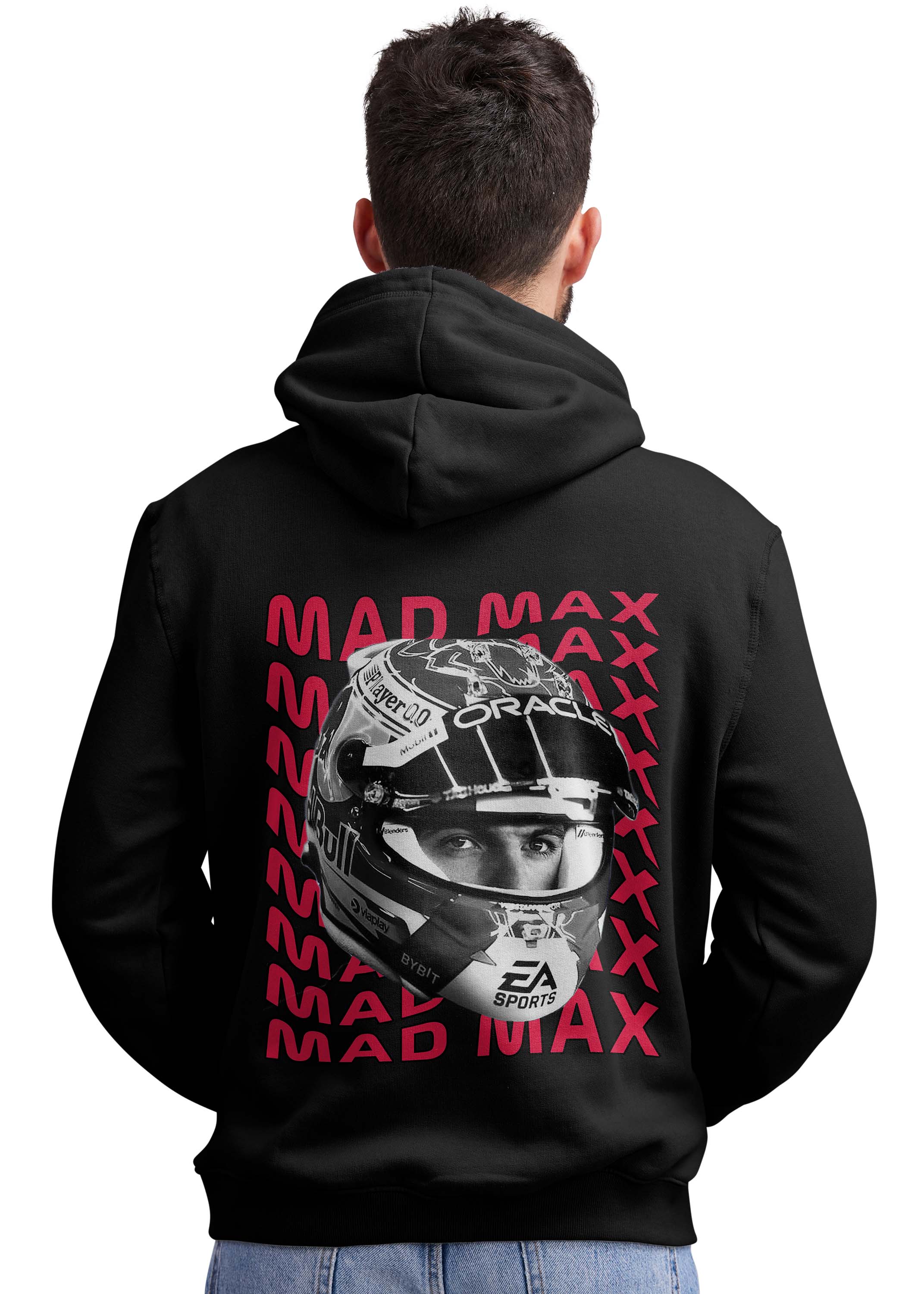 Person wearing a black hoodie with a graphic of a helmet and 'Mad Max' text on the back.