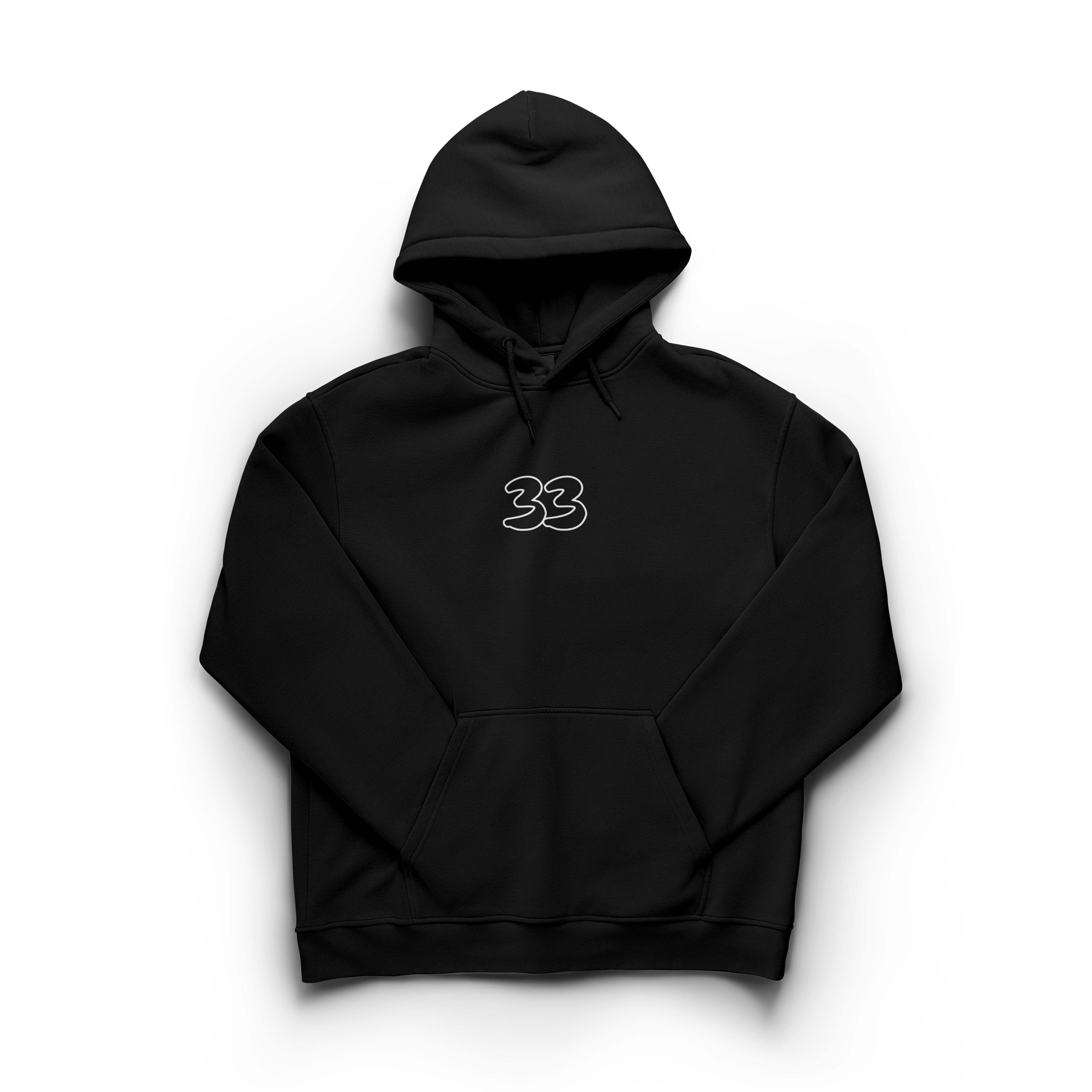 Black hoodie with a logo on the chest against a white background