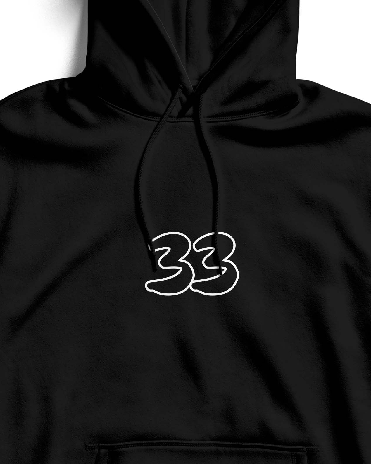 Black hoodie with white number '33' design on a white background