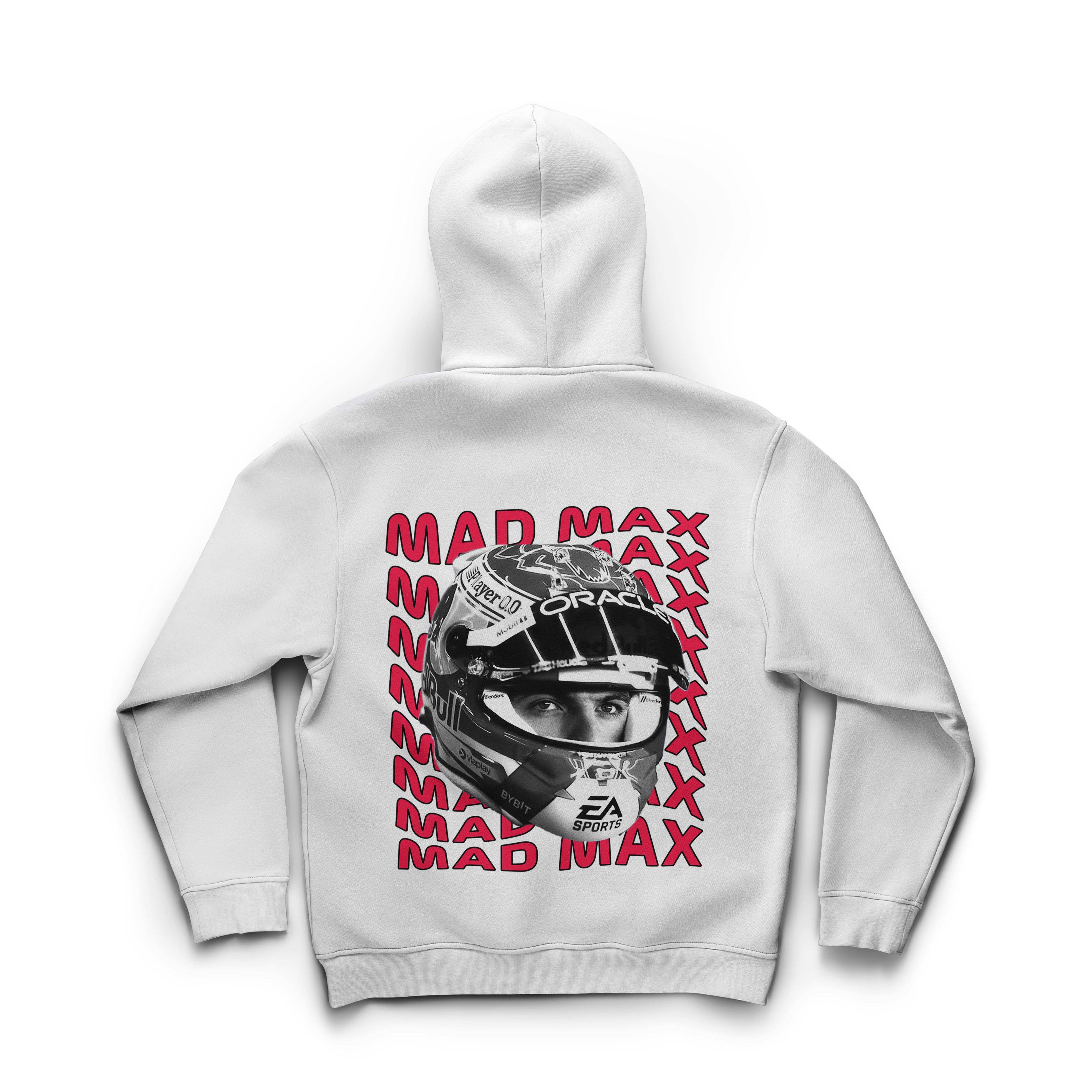 White hoodie with 'Mad Max' graphic on a white background