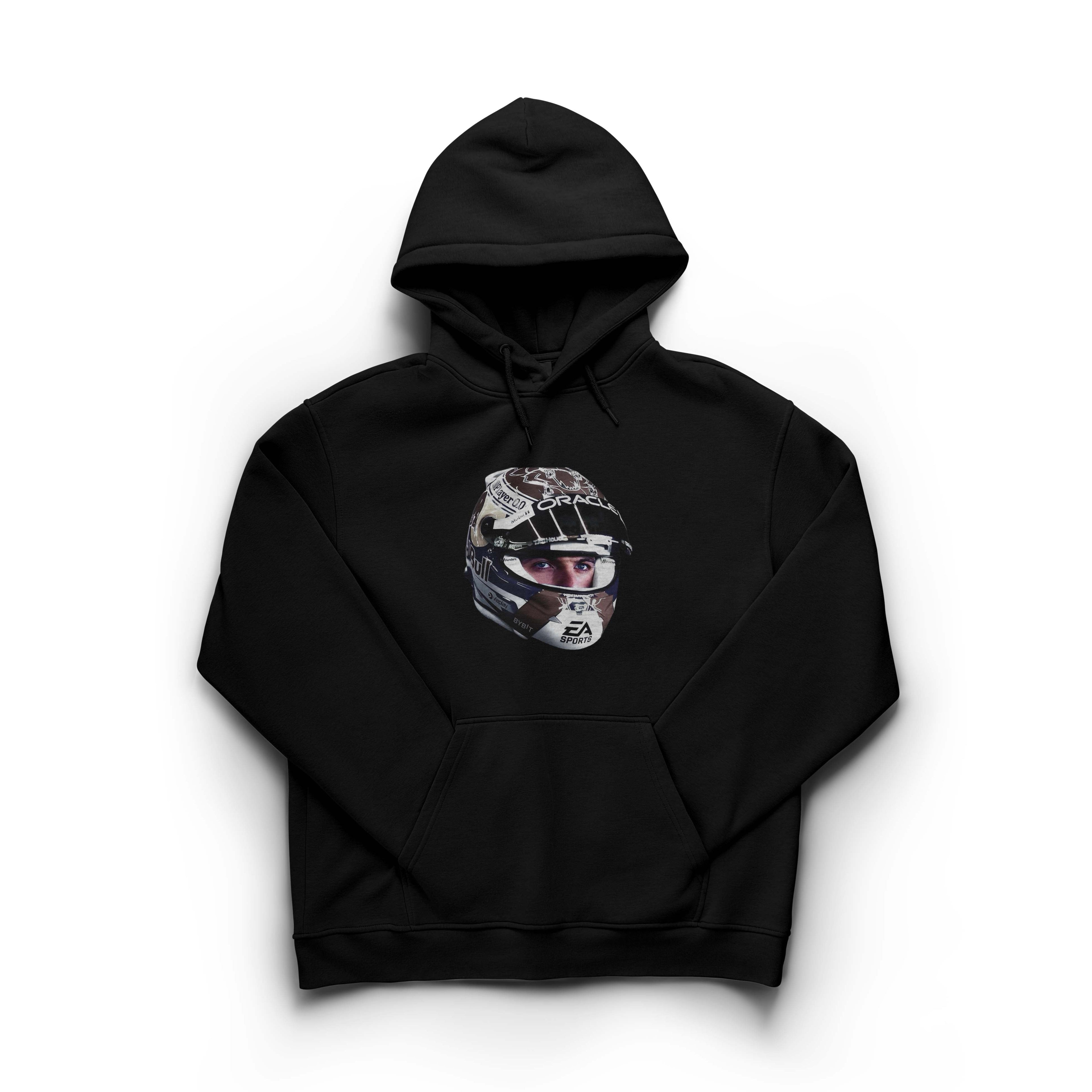 Black hoodie with a helmet graphic featuring Max Vertsappen on a white background