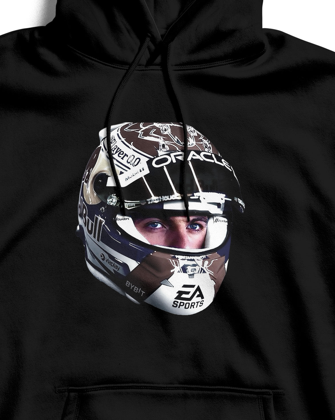 Black hoodie with a helmet graphic featuring Max Vertsappen on a white background