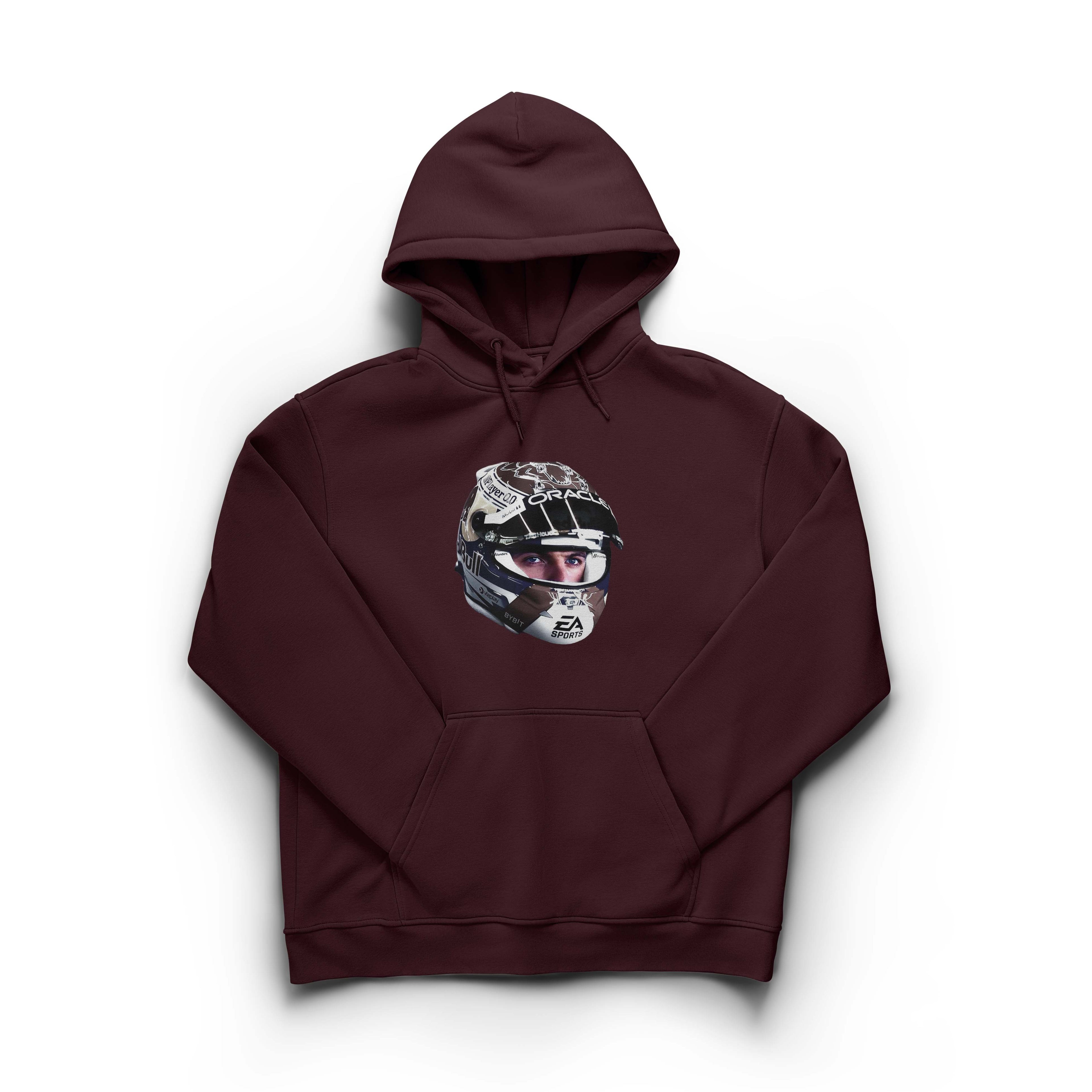 Maroon hoodie with a helmet graphic featuring Max Vertsappen on a white background
