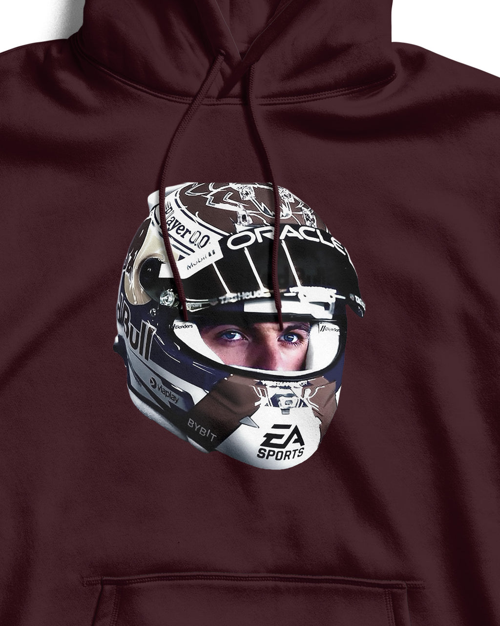 Maroon hoodie with a helmet graphic featuring Max Vertsappen on a white background