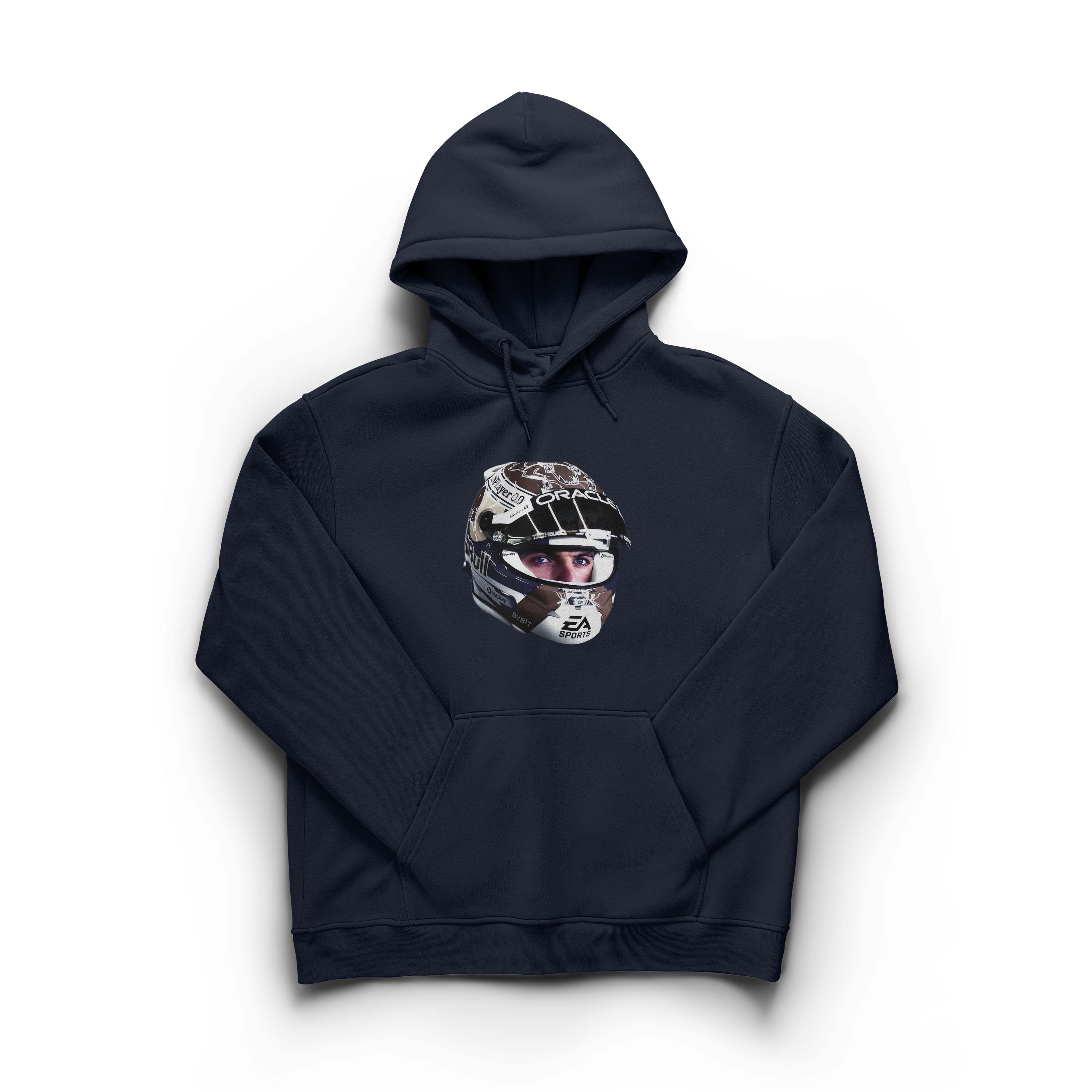 Navy Blue hoodie with a helmet graphic featuring Max Vertsappen on a white background