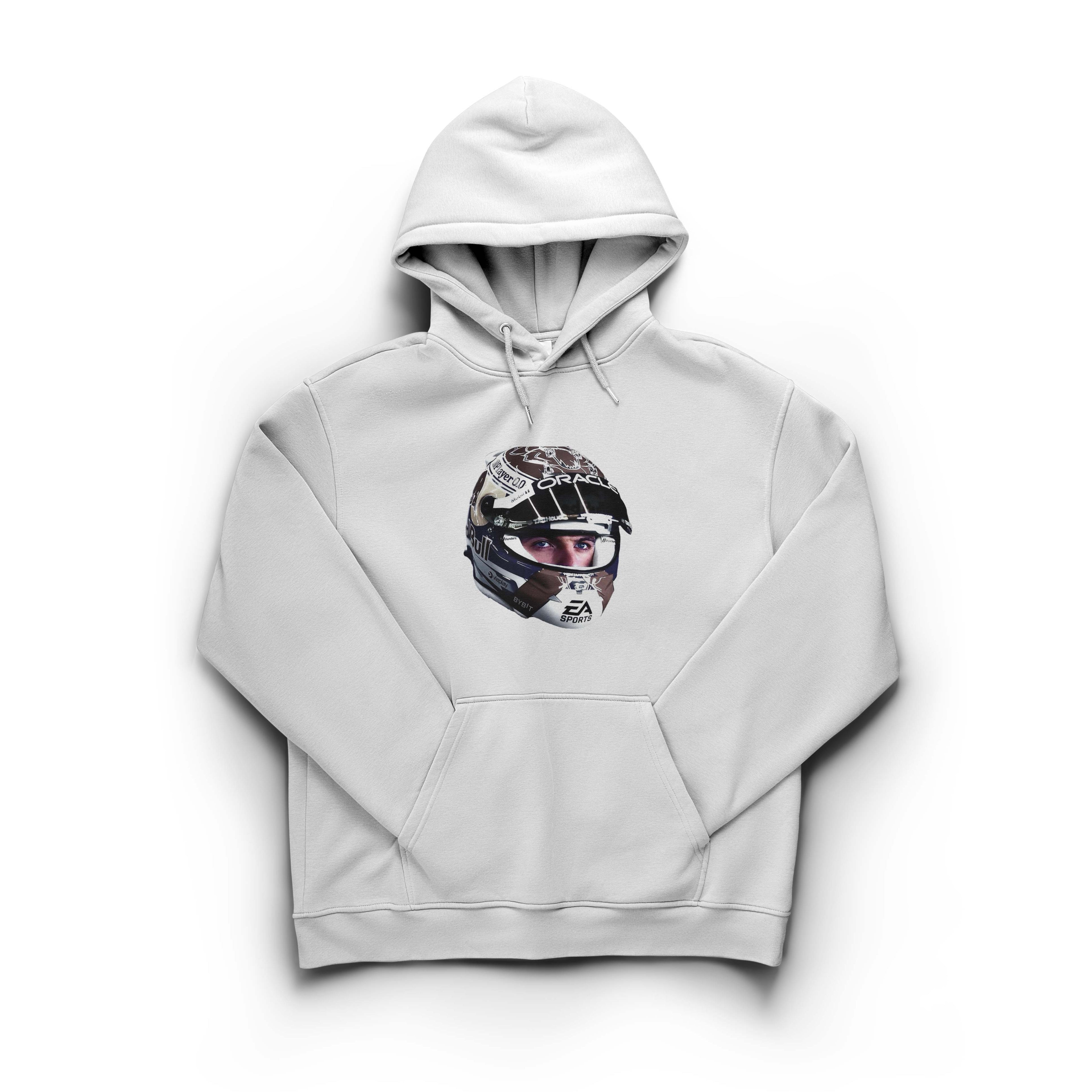 White hoodie with a helmet graphic featuring Max Vertsappen on a white background