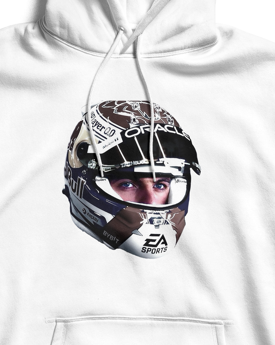 White hoodie with a helmet graphic featuring Max Vertsappen on a white background