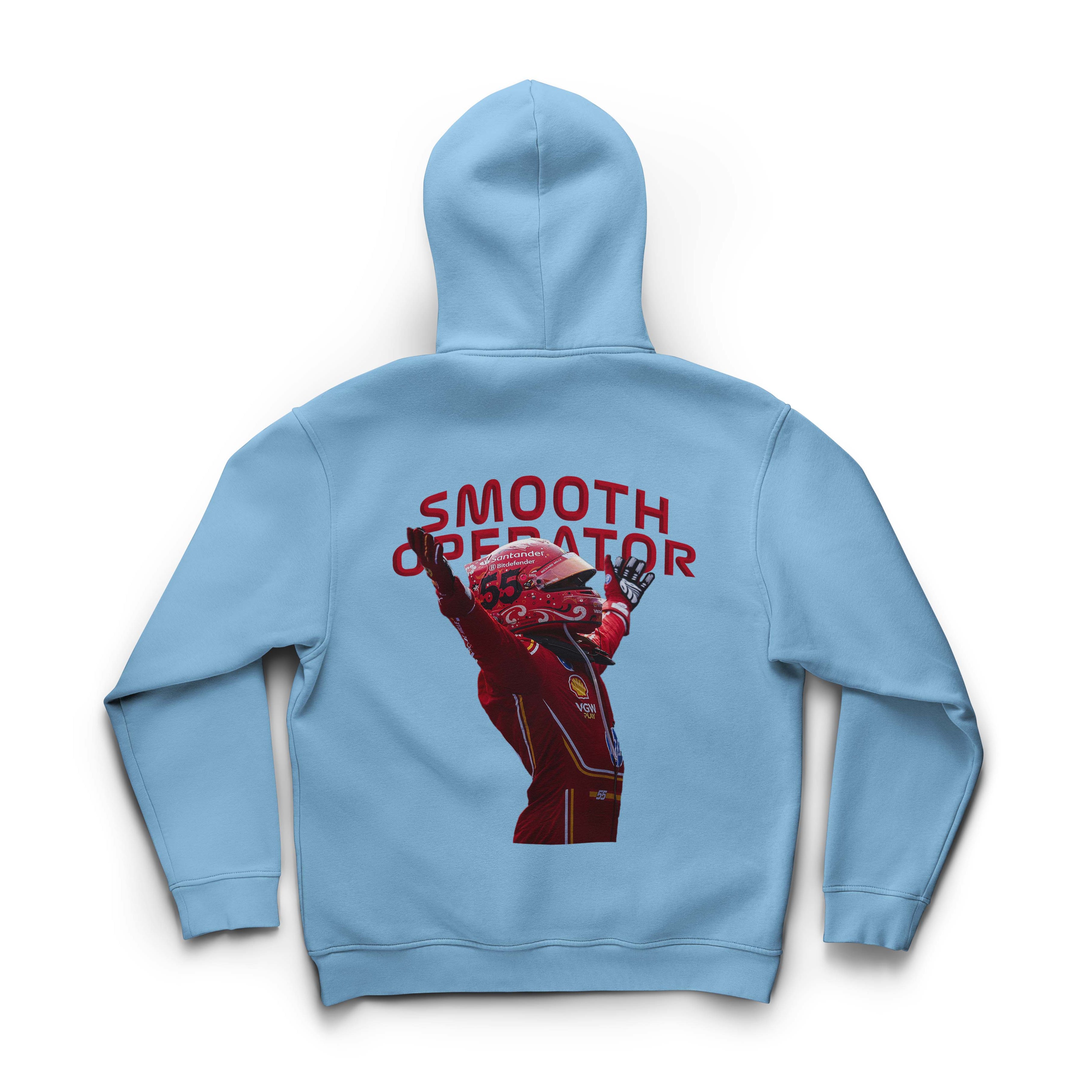 Light blue hoodie with a graphic of Carlos Sainz in ferrari racing suit and helmet, and the text 'Smooth Operator' on the back.