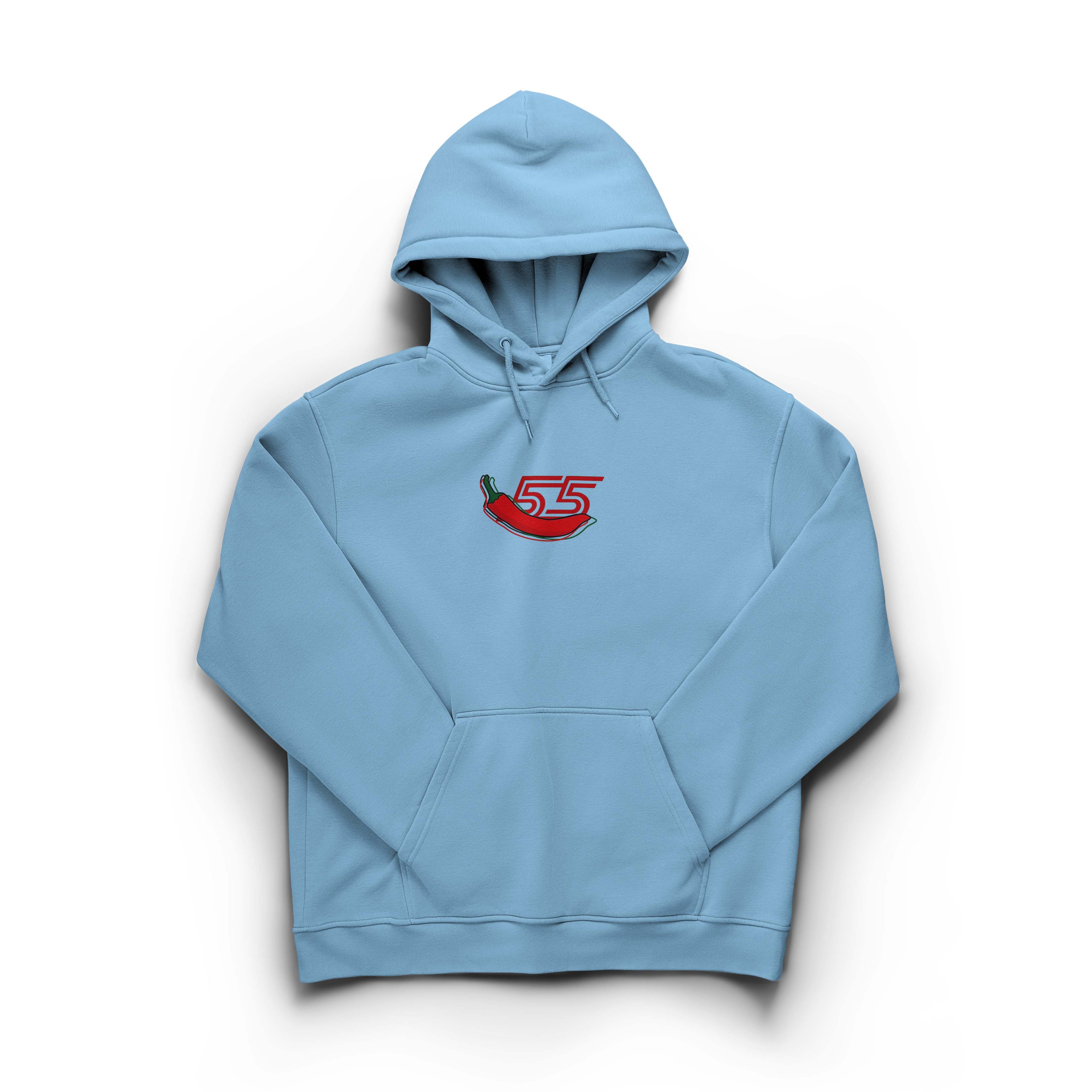 Light blue hoodie with a red chili pepper and number 55 design on a white background.