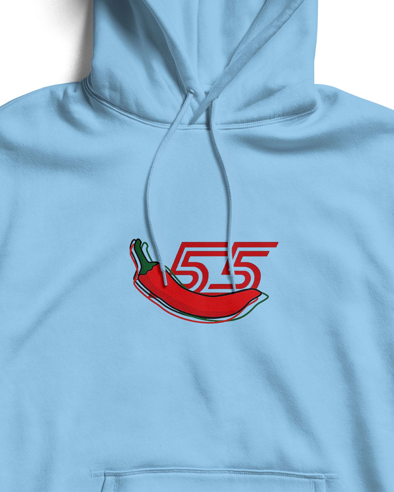 Light blue hoodie with a red chili pepper and number 55 design on a white background