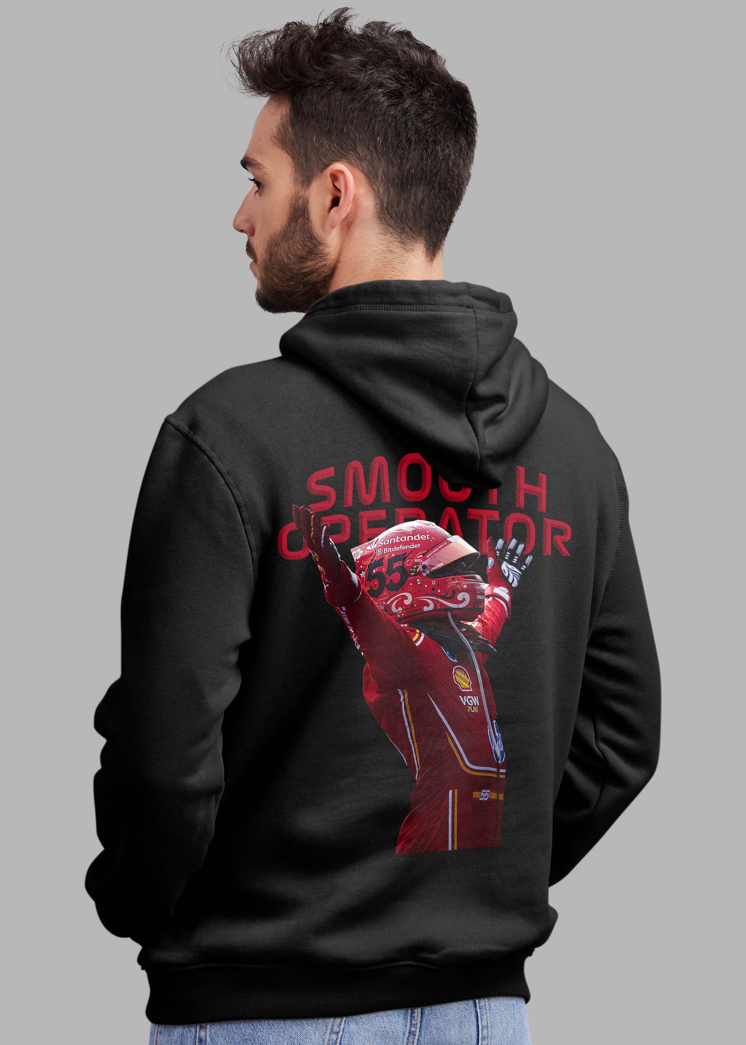 Person wearing a black hoodie with 'Smooth Operator' graphic on the back against a gray background