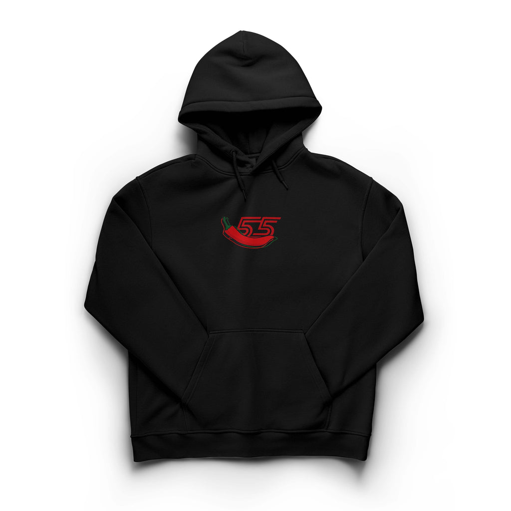 Black hoodie with a red and green chili pepper design and number 55 on a white background