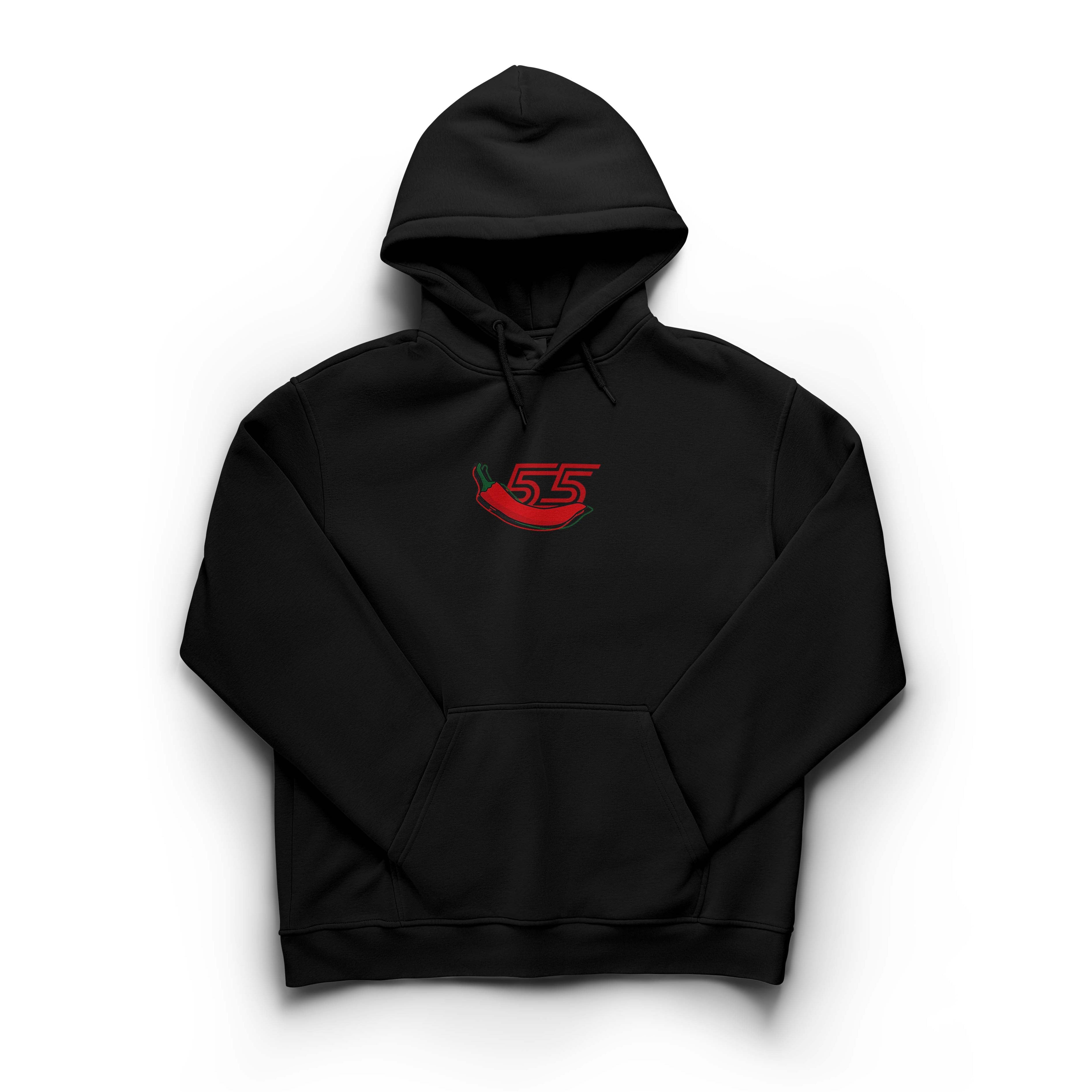 Black hoodie with a red and green chili pepper design and number 55 on a white background