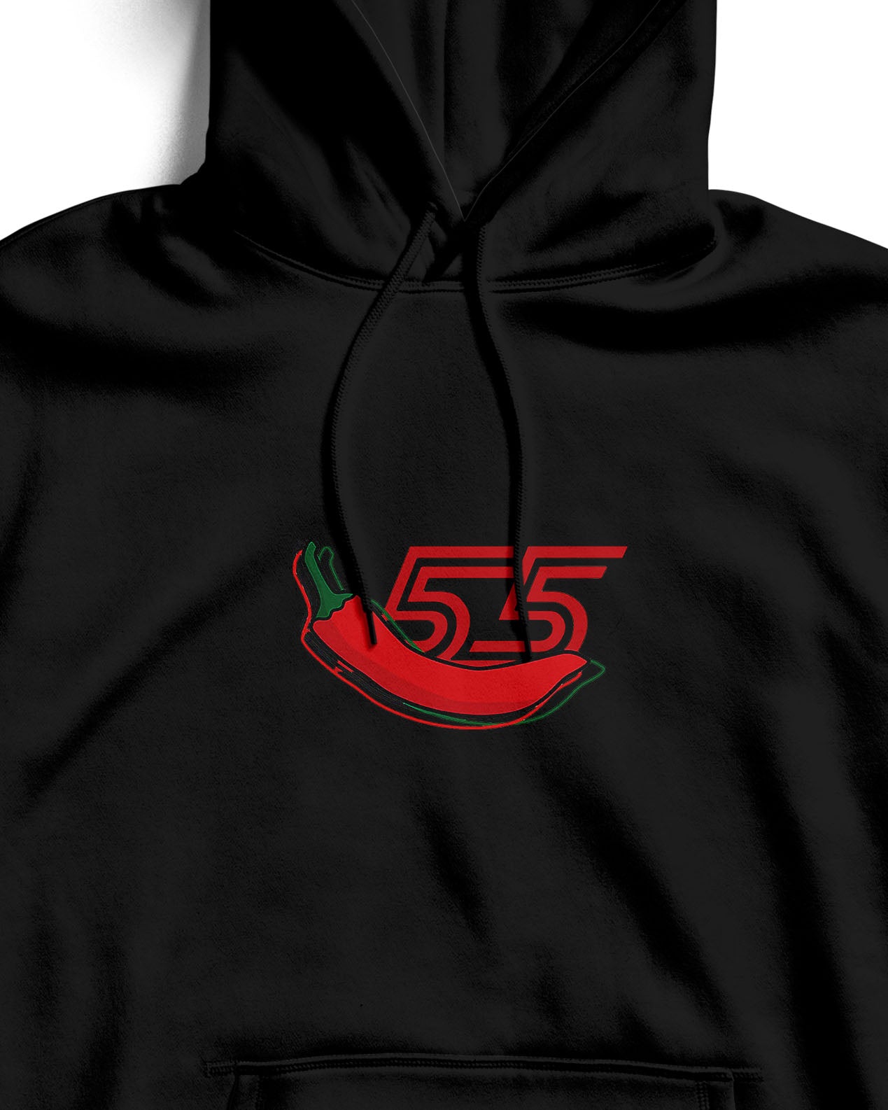 Black hoodie with a red and green chili pepper design and number 55 on a white background