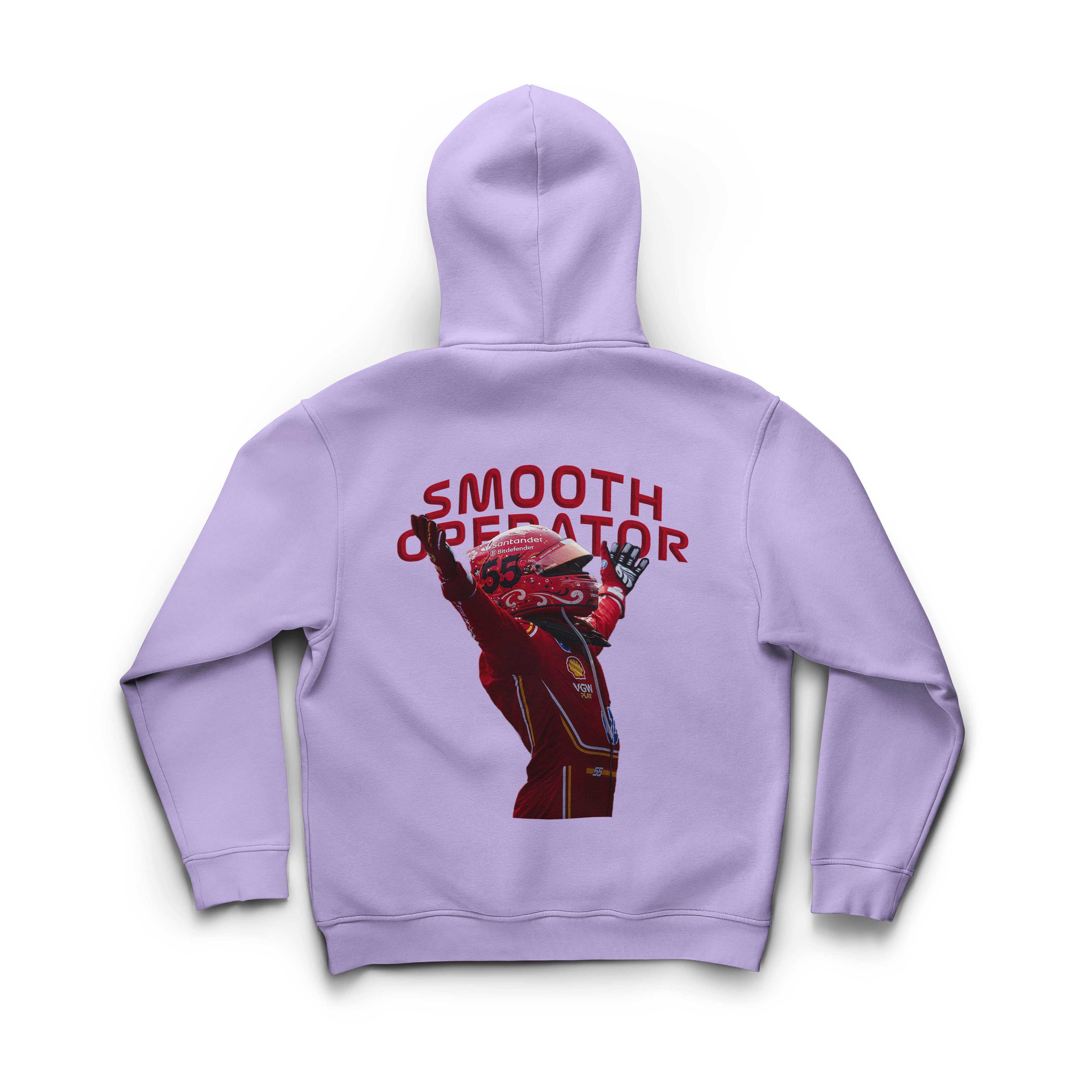 Lavender hoodie with 'Smooth Operator' text and graphic on the back, on a white background