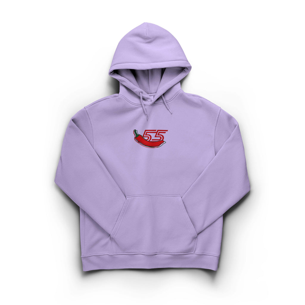 Lavender hoodie with a red logo on a white background