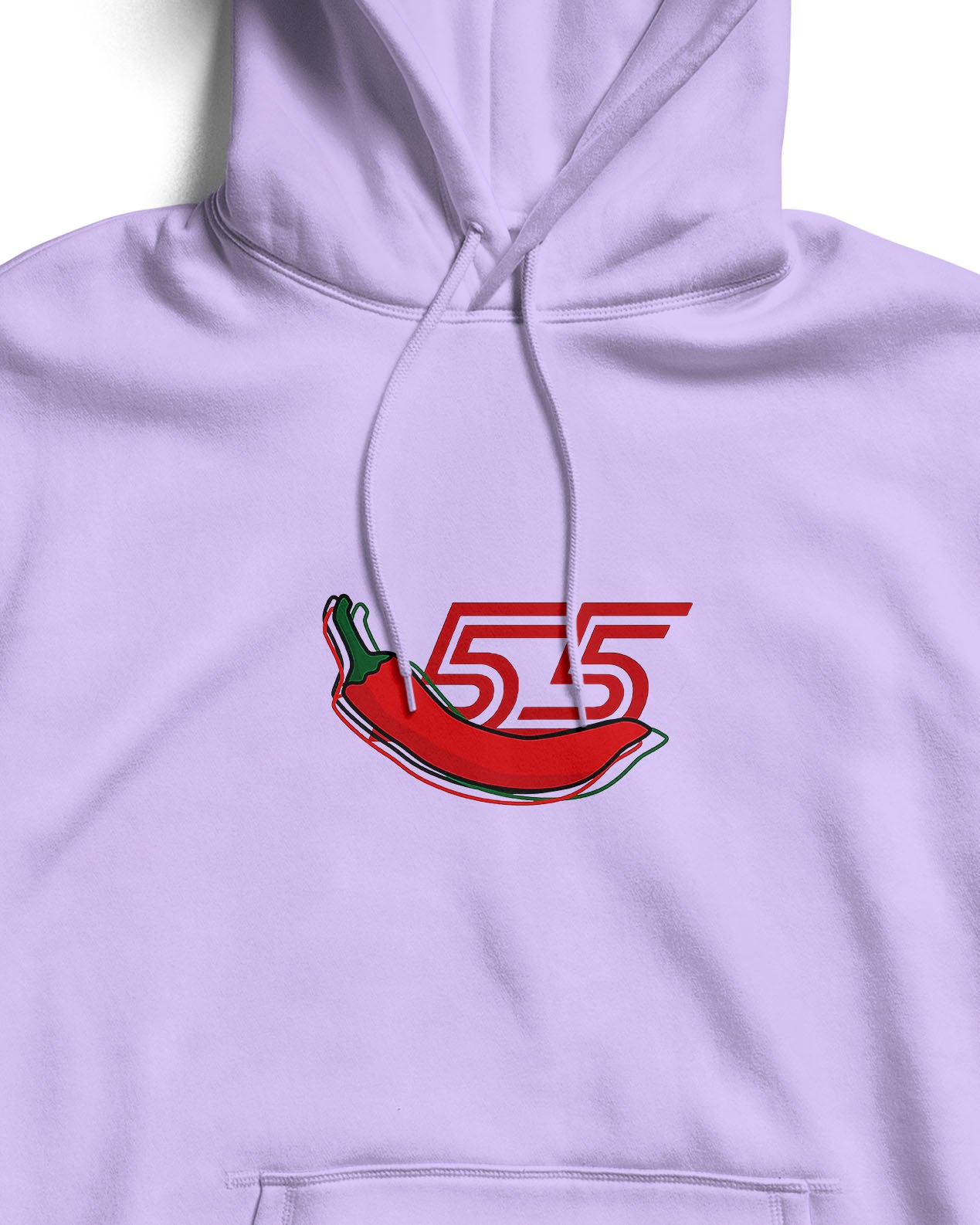 Lavender hoodie with a red chili pepper graphic and '55' text.