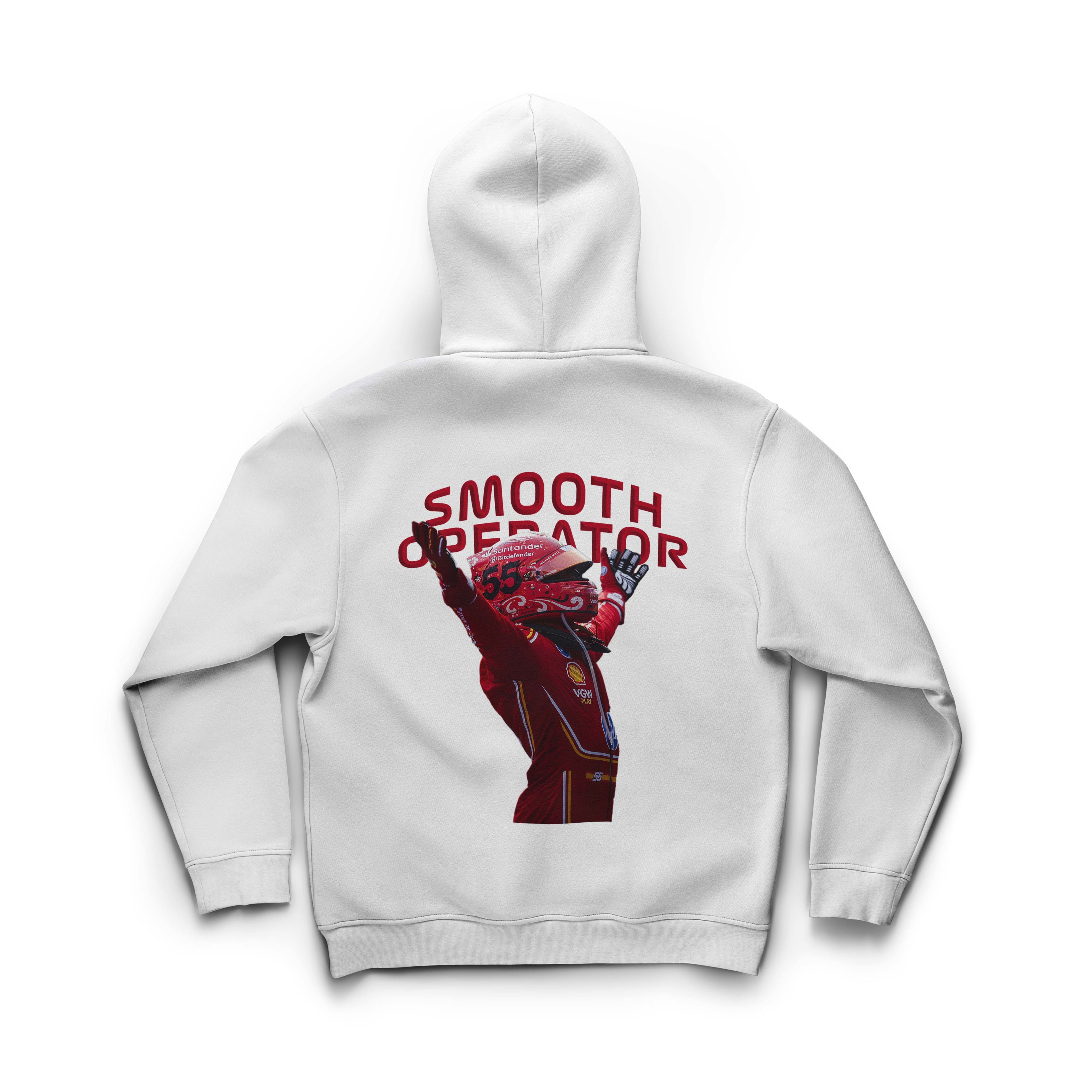 White hoodie with 'Smooth Operator' graphic on the back against a white background