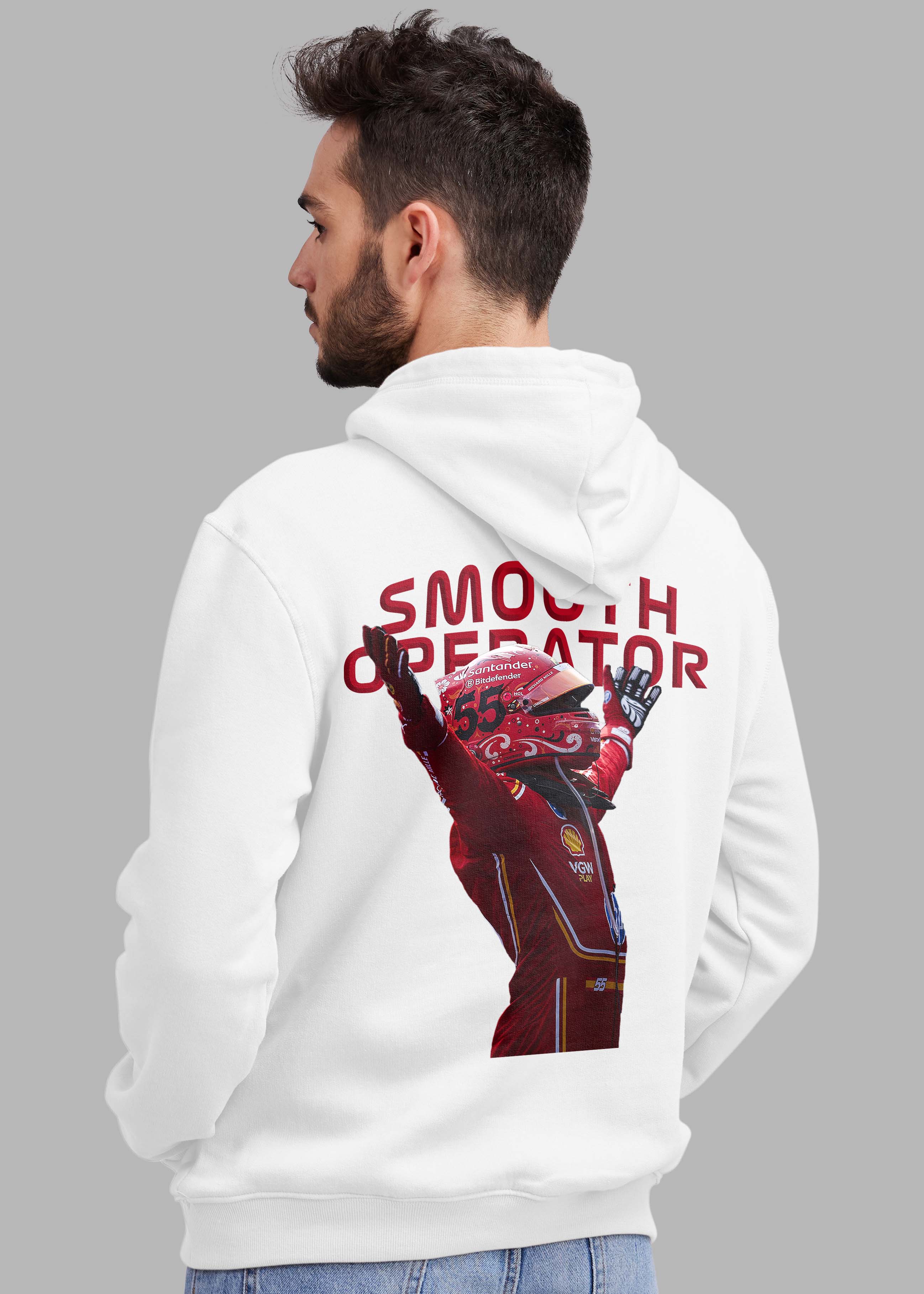 Person wearing a white hoodie with 'Smooth Operator' text and graphic on the back, on a gray background