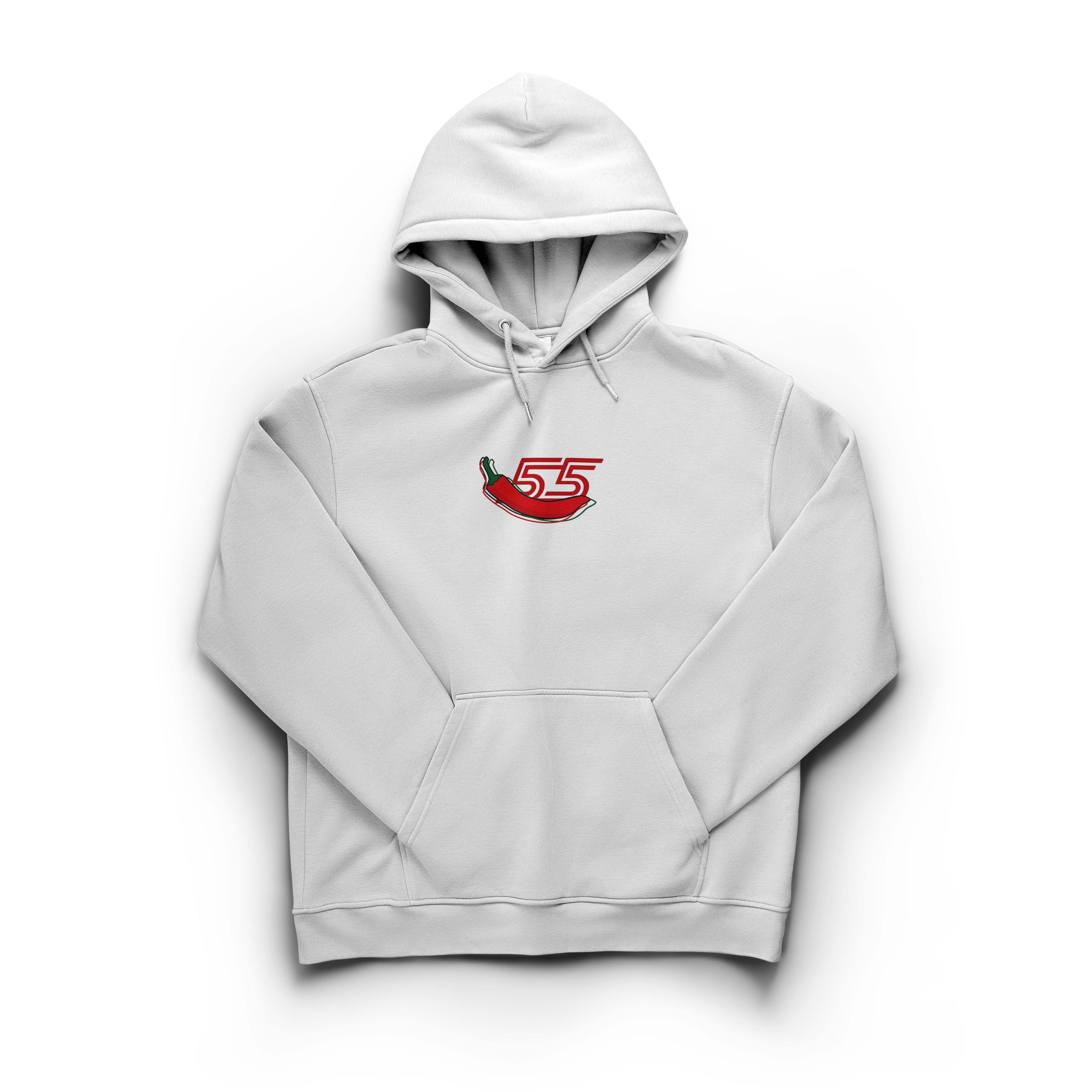 White hoodie with a red logo on a white background.