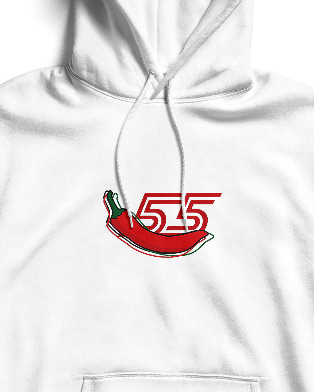 White hoodie with a red chili pepper design and '55' logo on a white background.