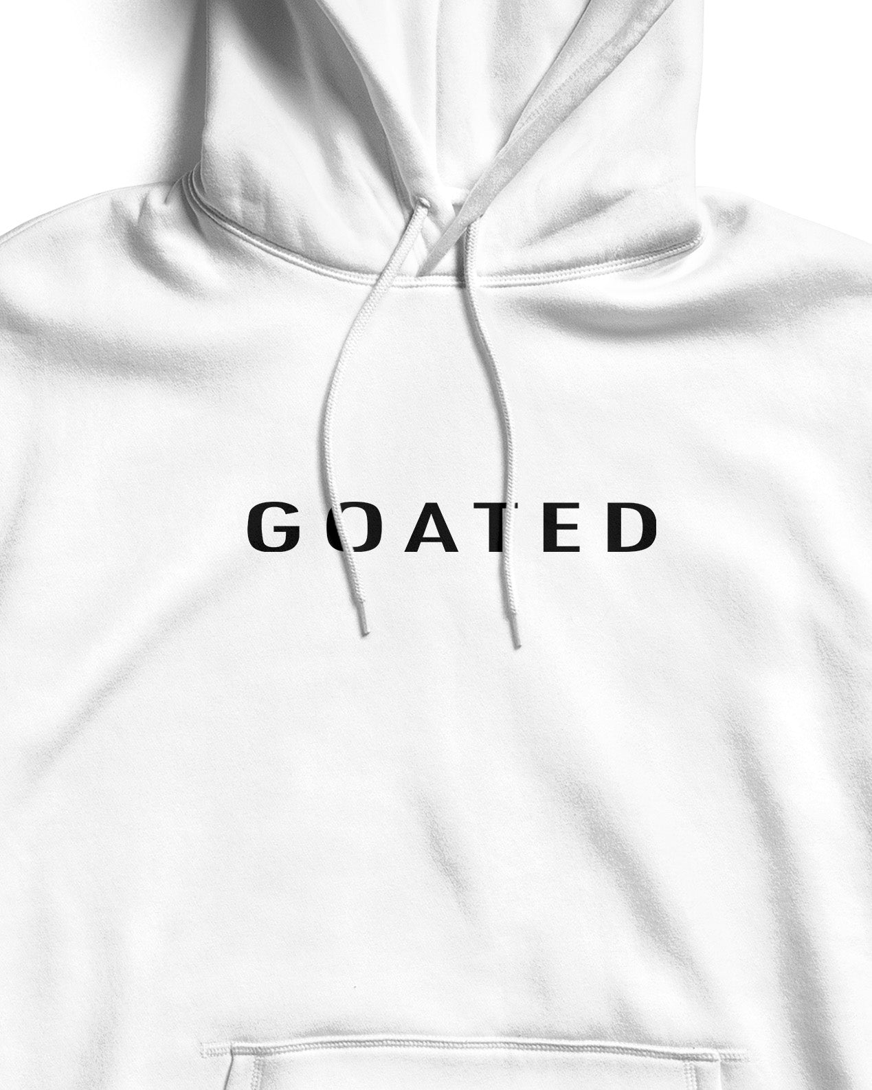 White hoodie with 'GOATED' text on a white background