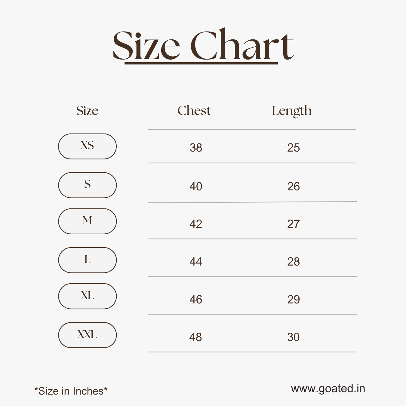Size chart — Hoodies